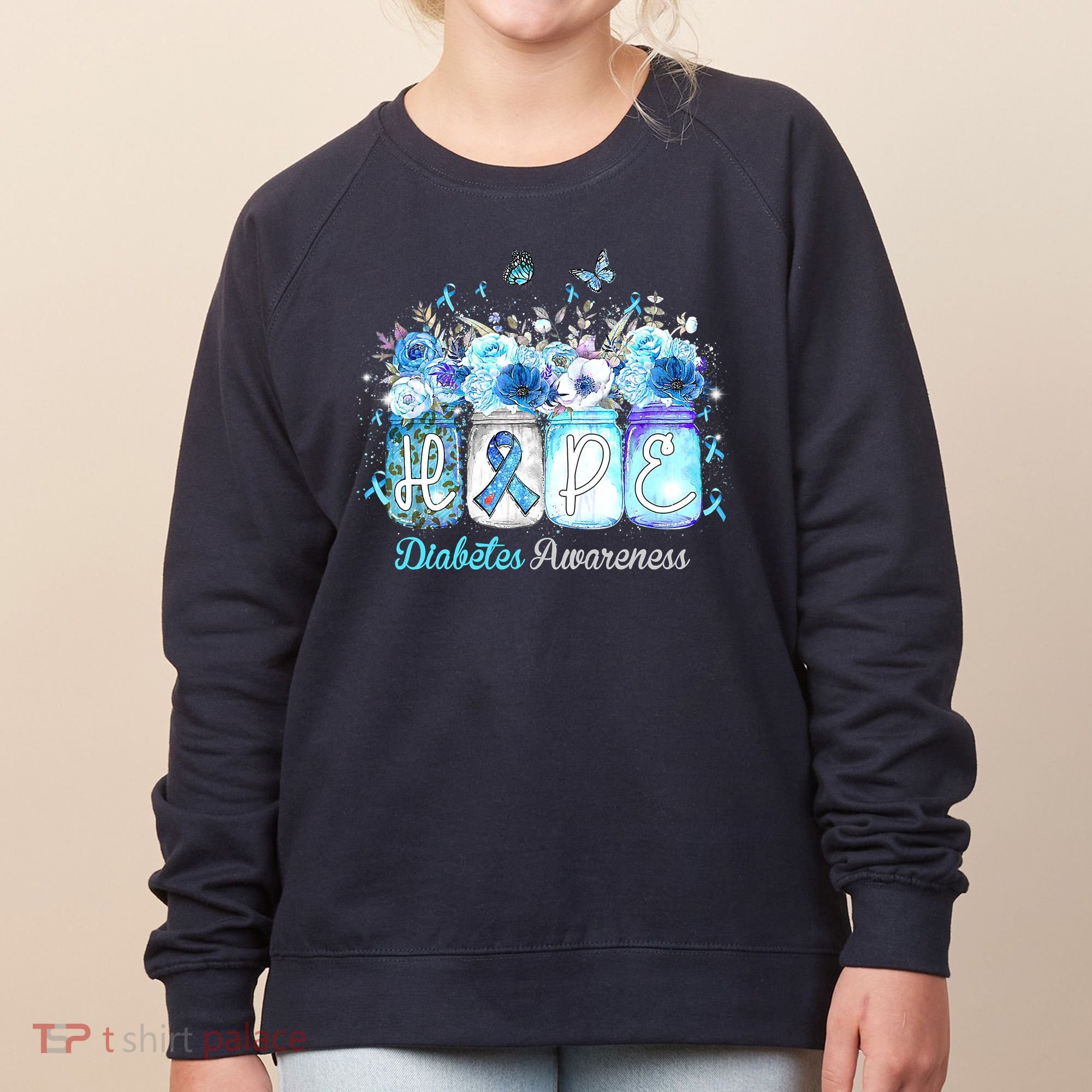Hope Blue Ribbon Flower Jars Diabetes Awareness Women's Sweatshirt