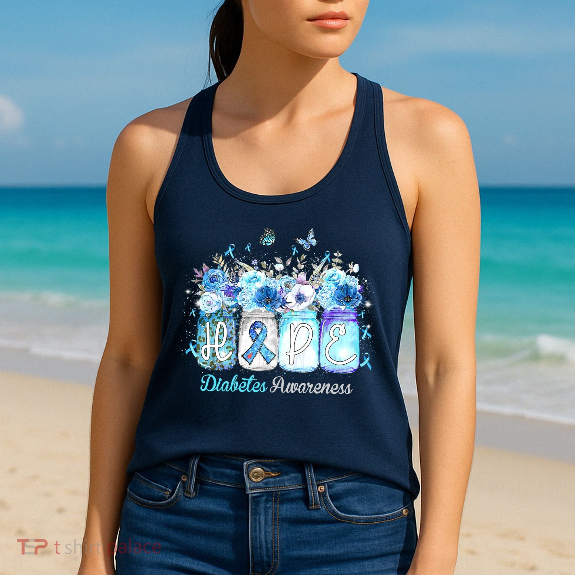 Hope Blue Ribbon Flower Jars Diabetes Awareness Women's Tank Top