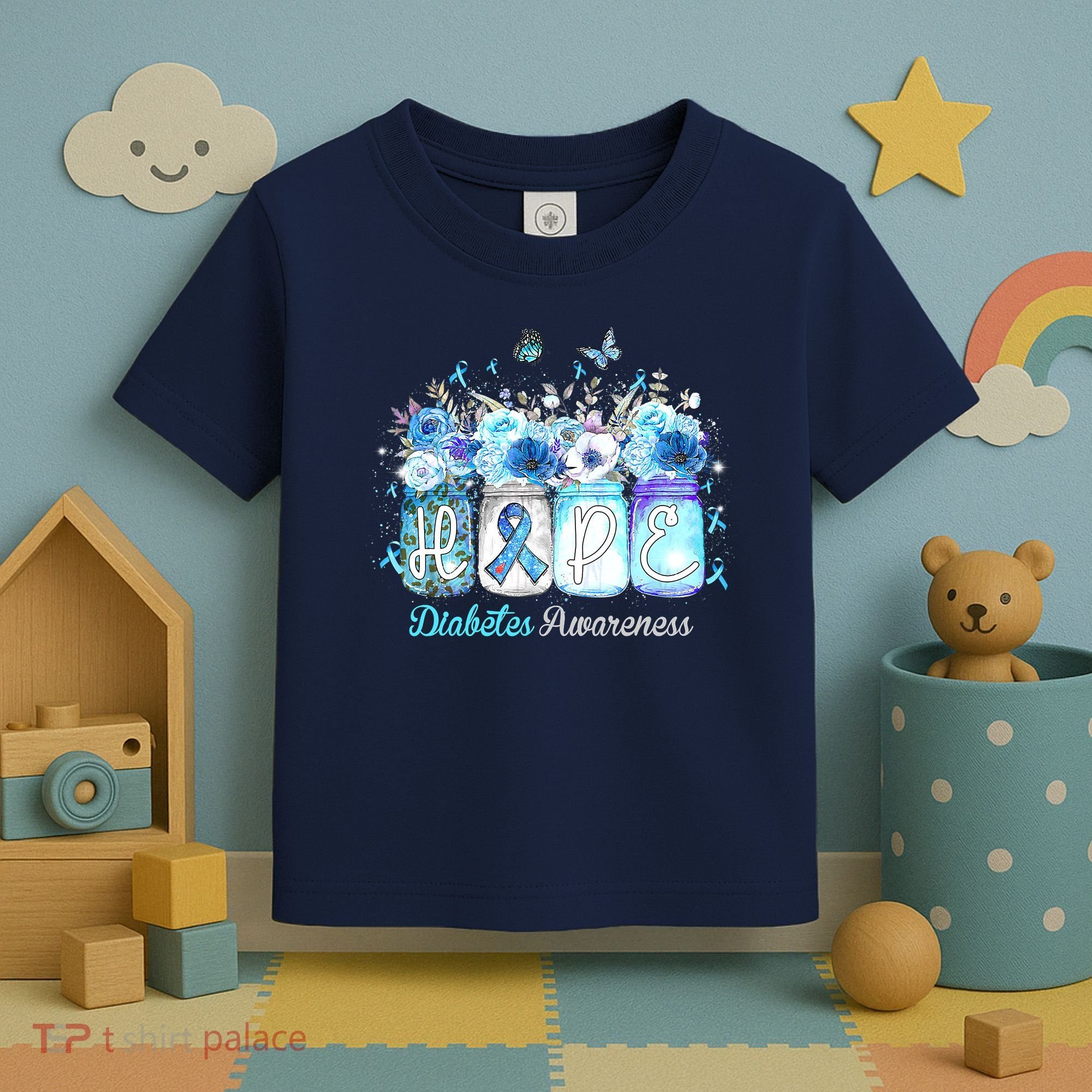Hope Blue Ribbon Flower Jars Diabetes Awareness Toddler T-Shirt