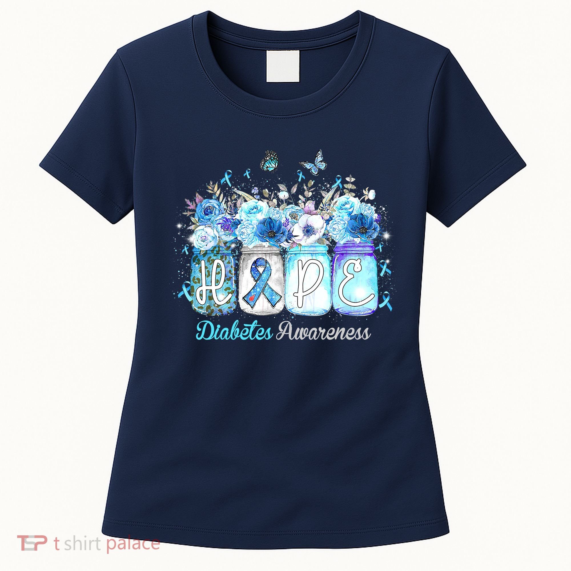 Hope Blue Ribbon Flower Jars Diabetes Awareness Women's T-Shirt
