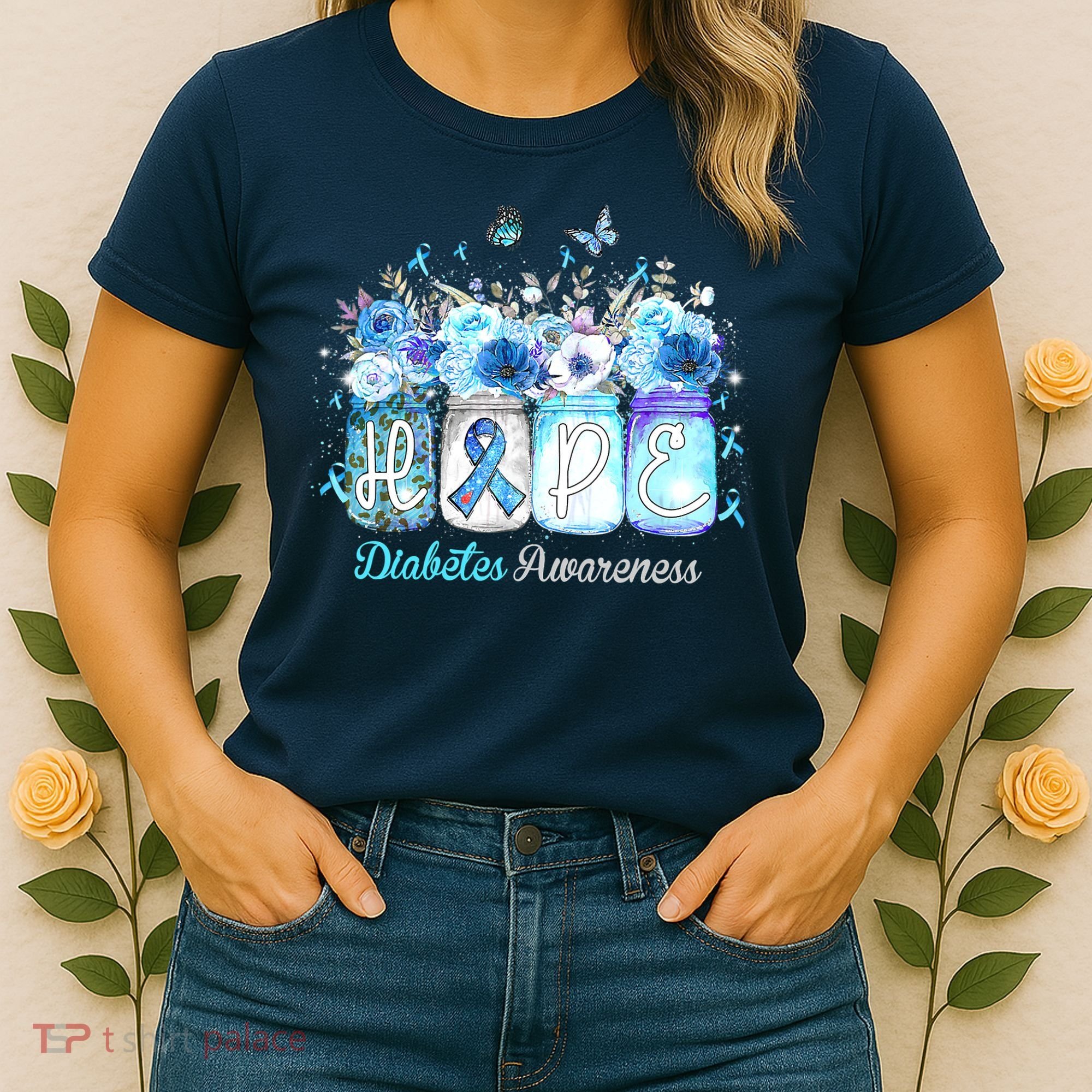 Hope Blue Ribbon Flower Jars Diabetes Awareness Women's T-Shirt