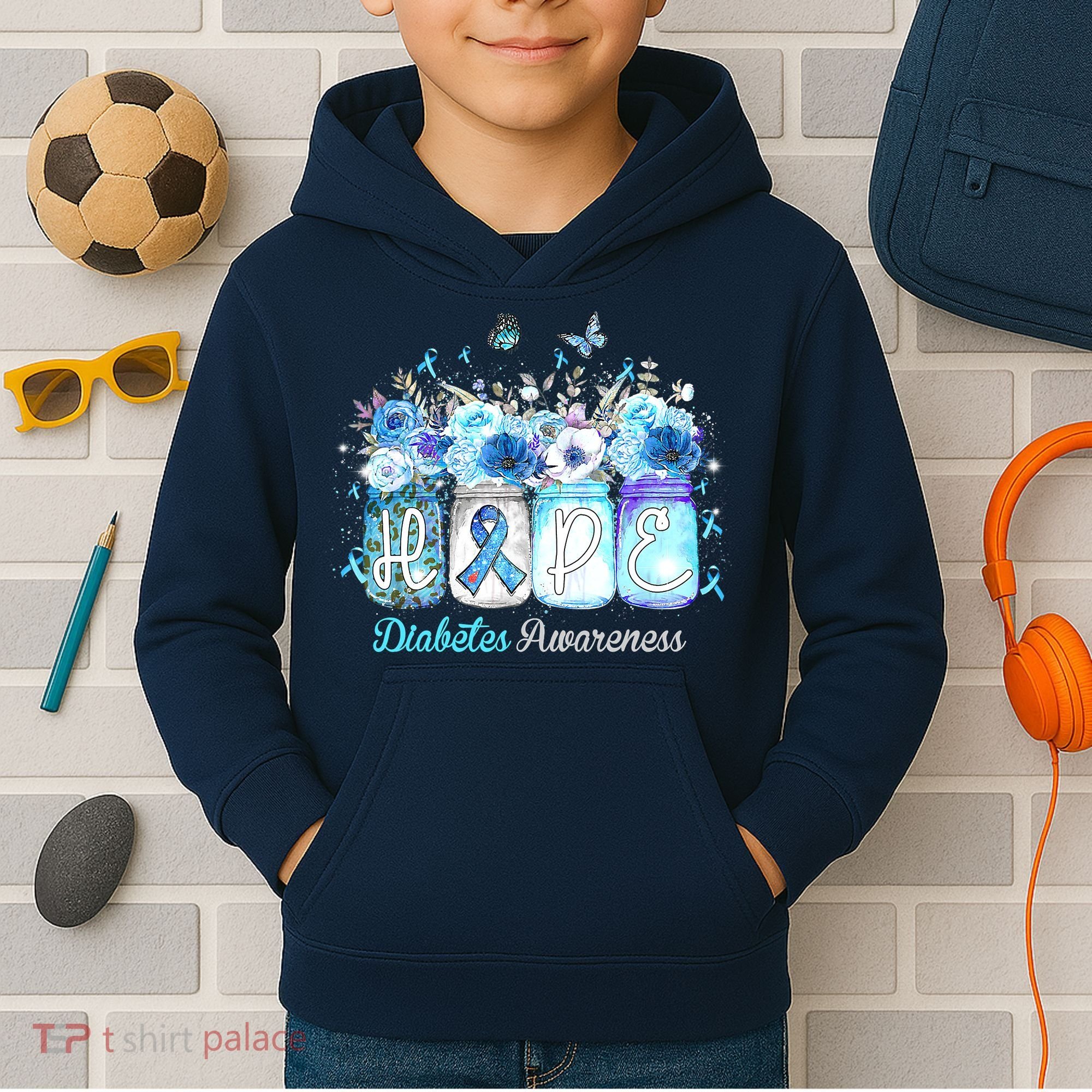 Hope Blue Ribbon Flower Jars Diabetes Awareness Kids Hoodie
