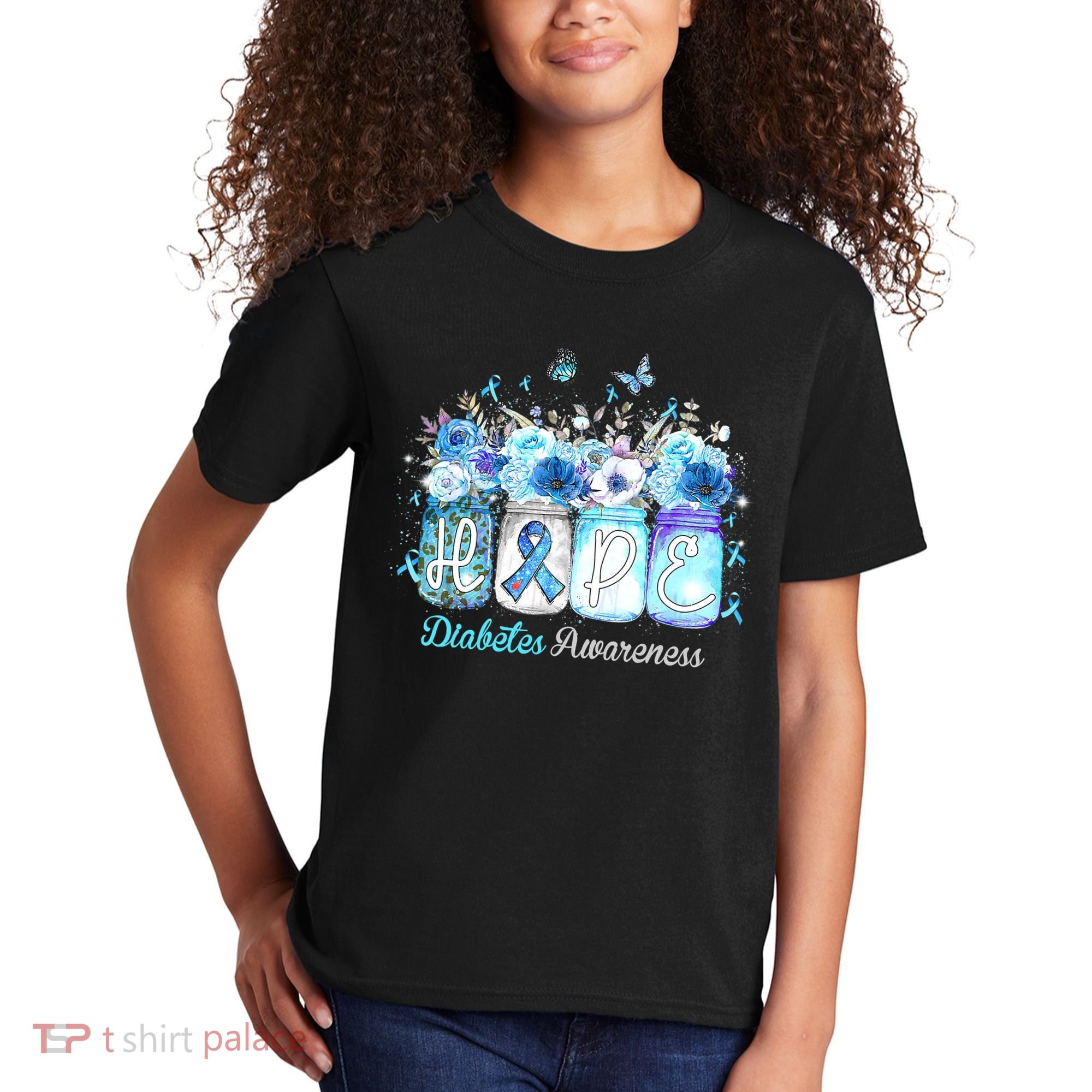 Hope Blue Ribbon Flower Jars Diabetes Awareness Kids T-Shirt