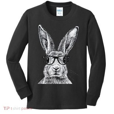 Hipster Bunny Rabbit Wearing Glasses Funny Drawing Kids Long Sleeve Shirt
