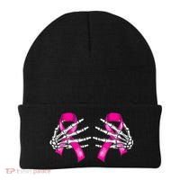 Halloween Boob Skeleton Hand On Breast Cancer Ribbon Beanie thumb 0