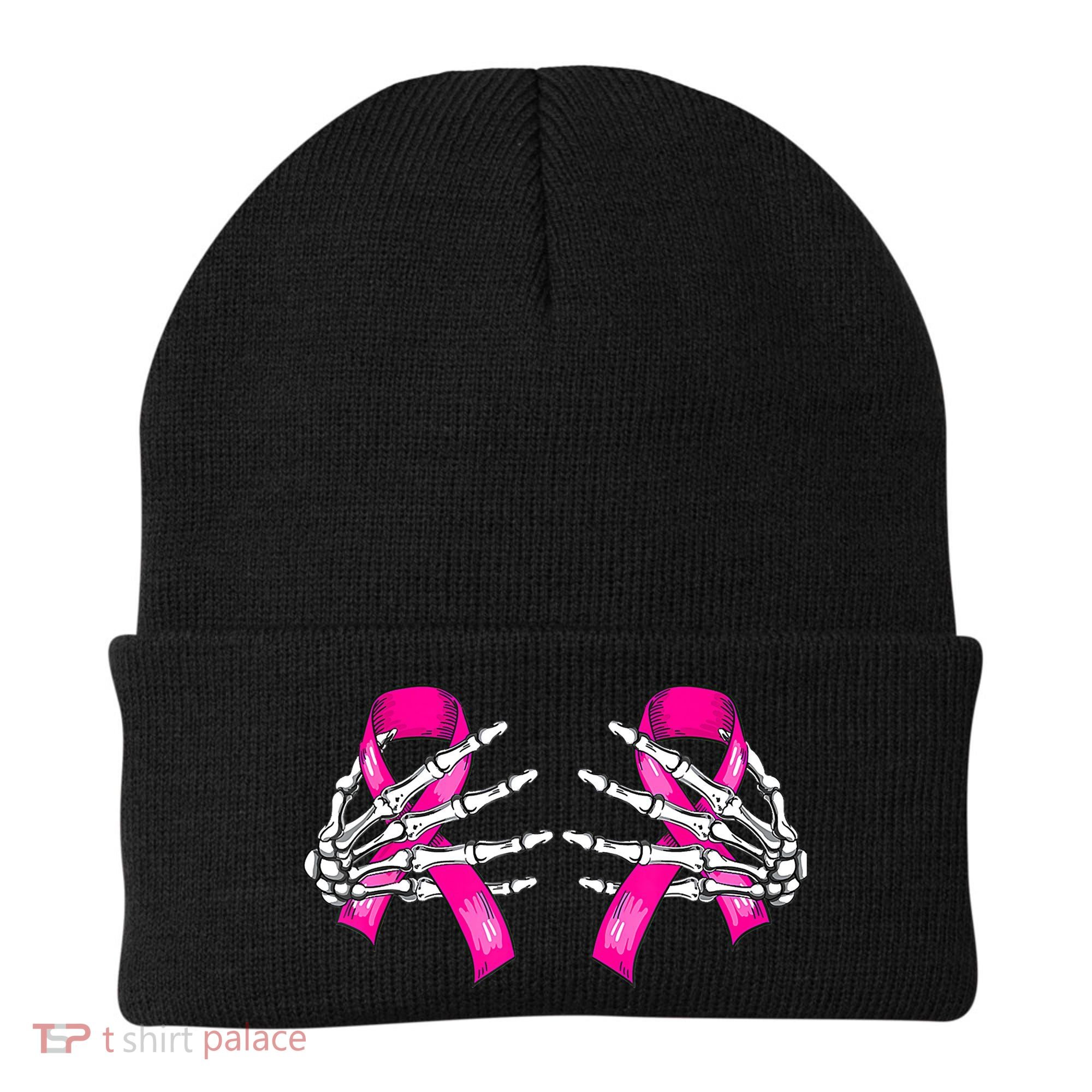 Halloween Boob Skeleton Hand On Breast Cancer Ribbon Beanie