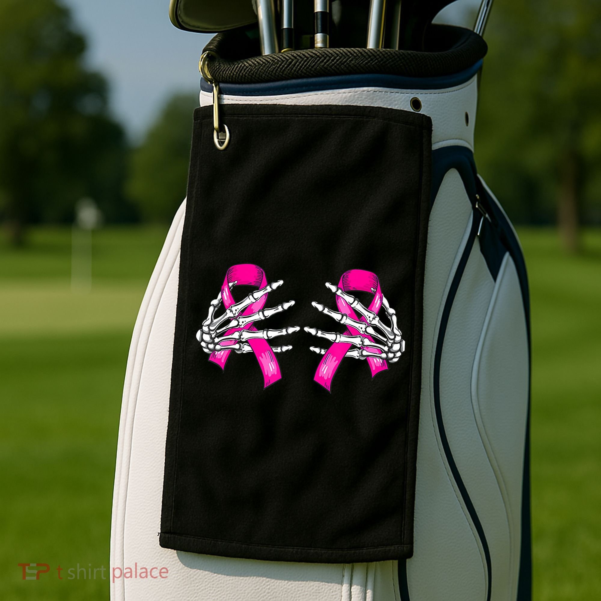 Halloween Boob Skeleton Hand On Breast Cancer Ribbon Golf Towel