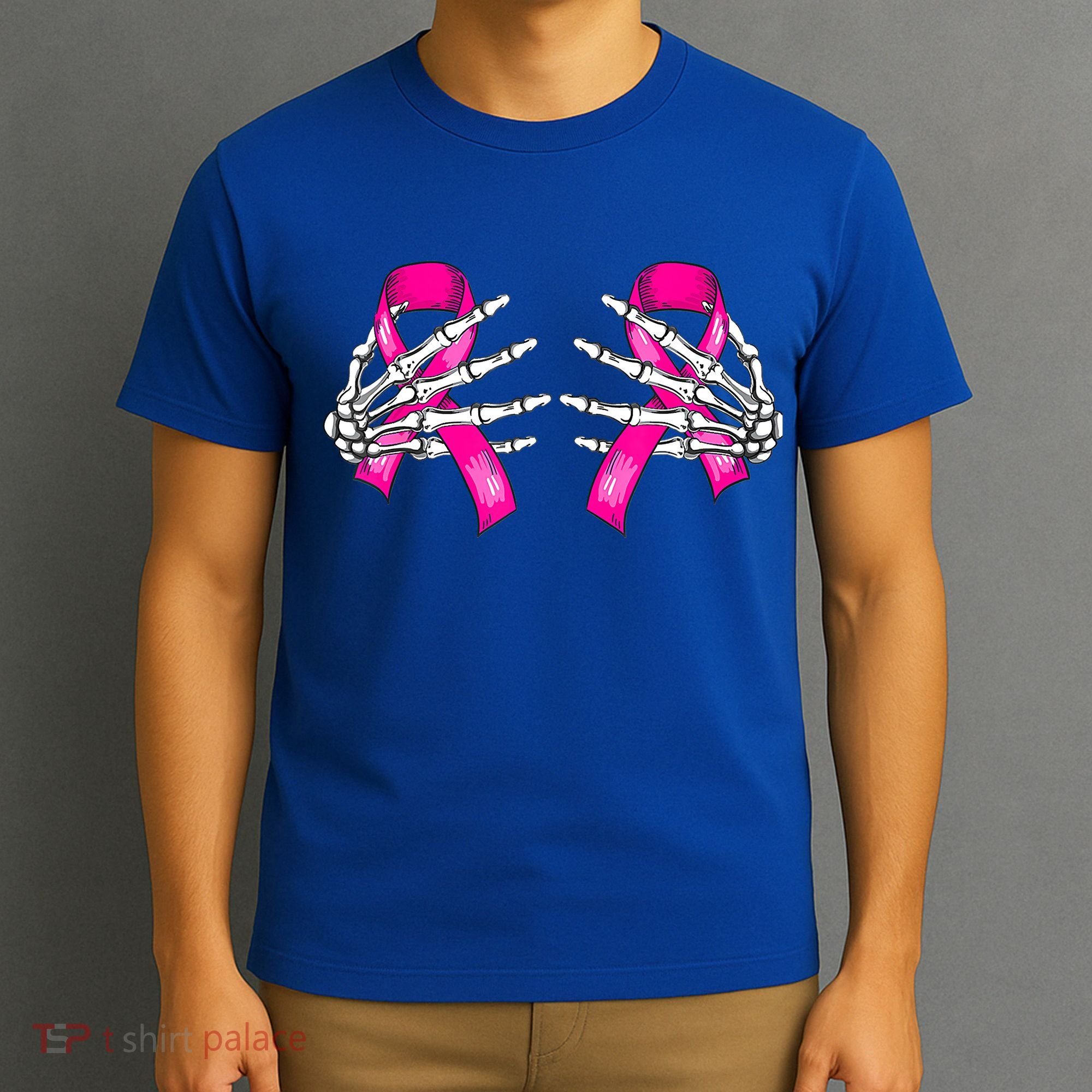 Halloween Boob Skeleton Hand On Breast Cancer Ribbon T-Shirt