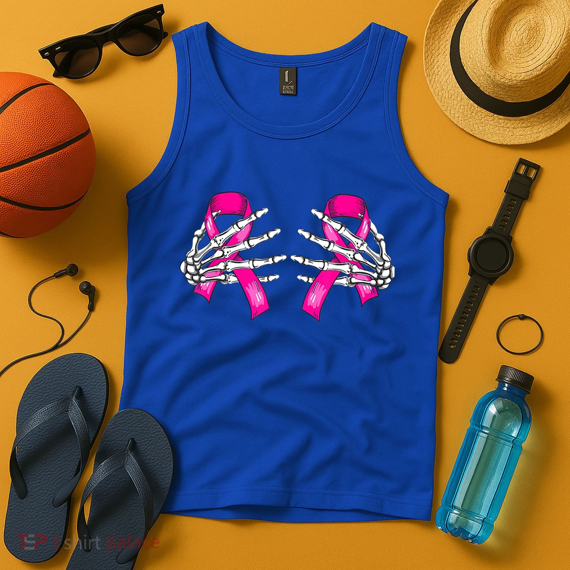 Halloween Boob Skeleton Hand On Breast Cancer Ribbon Tank Top