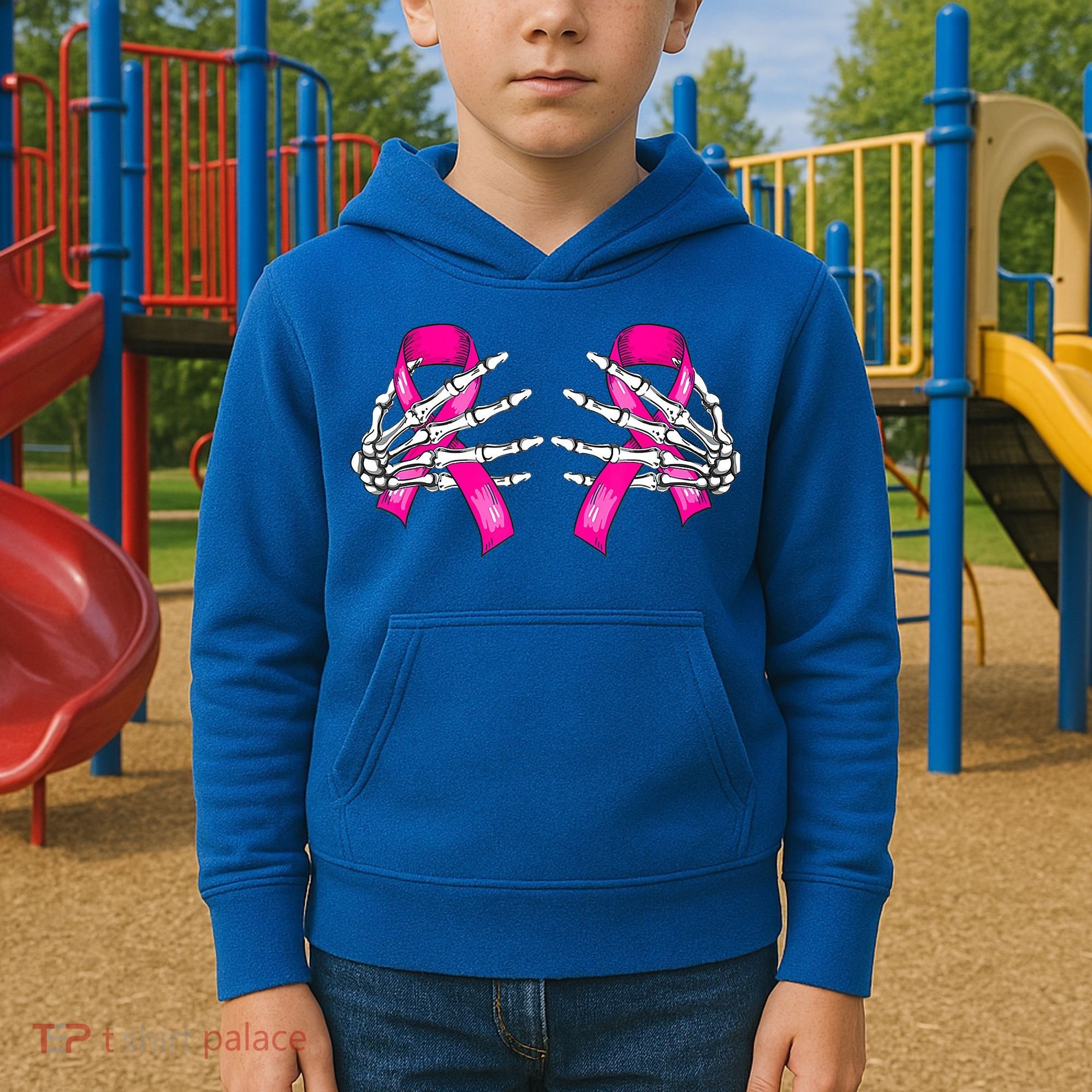 Halloween Boob Skeleton Hand On Breast Cancer Ribbon Kids Hoodie