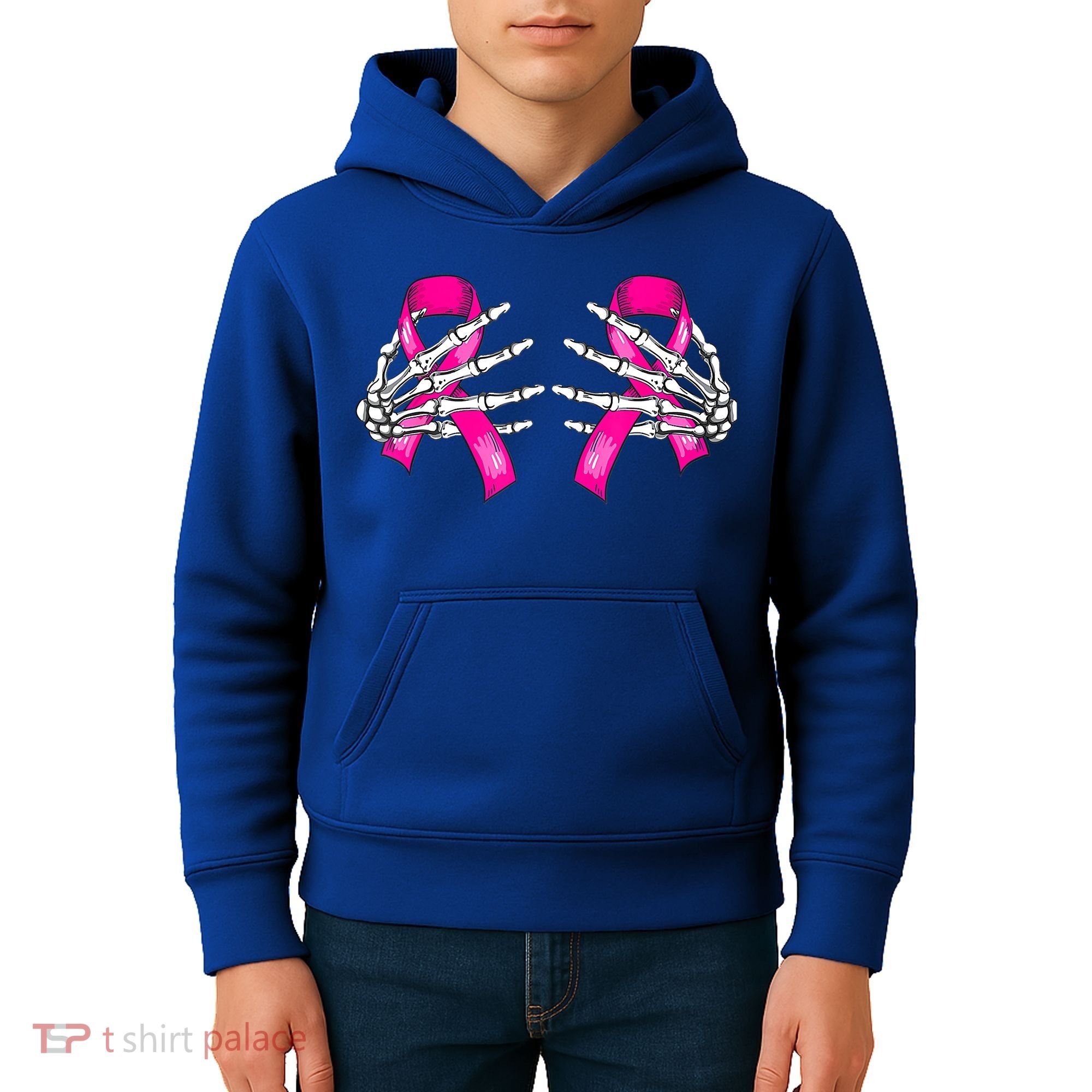 Halloween Boob Skeleton Hand On Breast Cancer Ribbon Kids Hoodie
