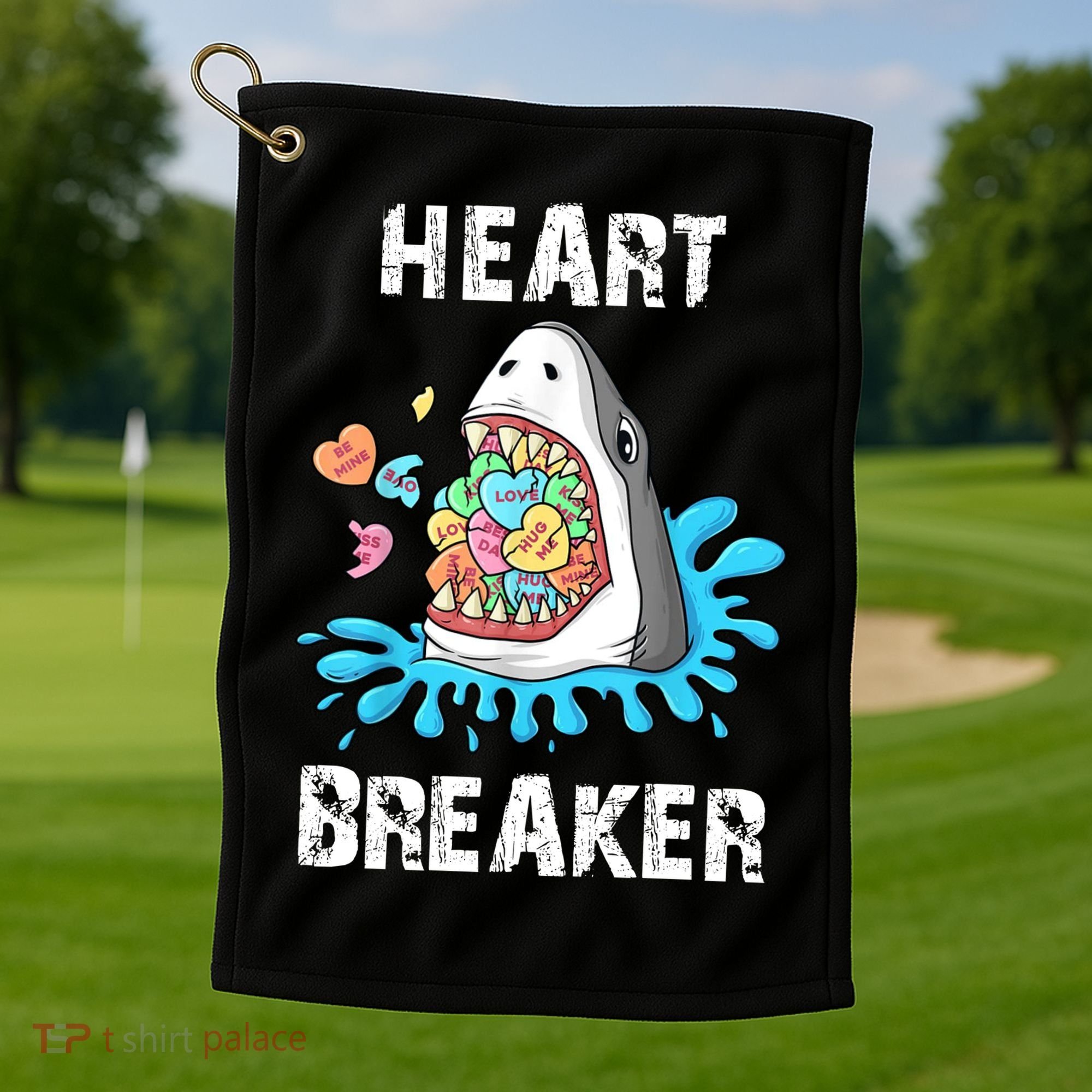 Heart Breaker Shark Funny Valentines Day Golf Towel