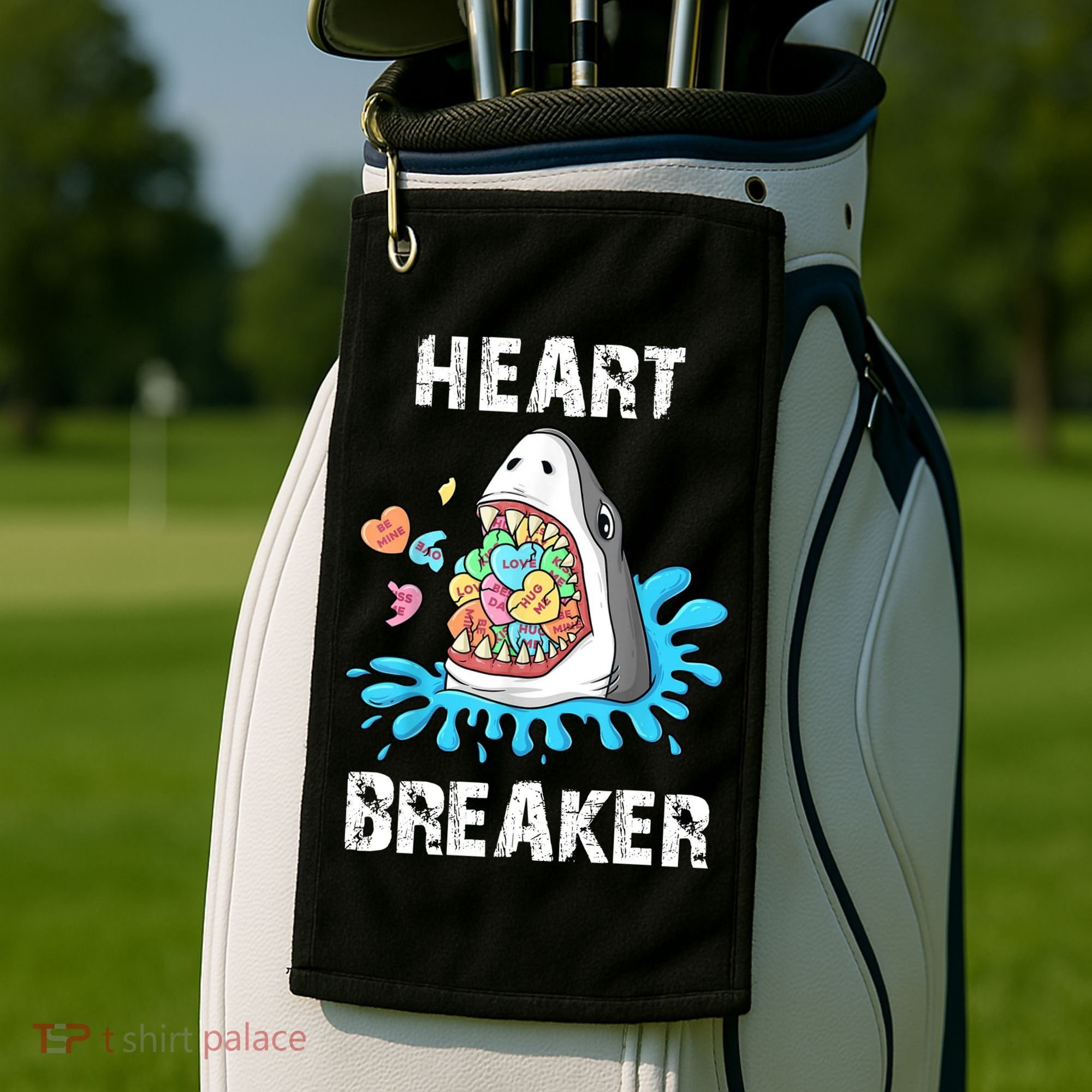 Heart Breaker Shark Funny Valentines Day Golf Towel