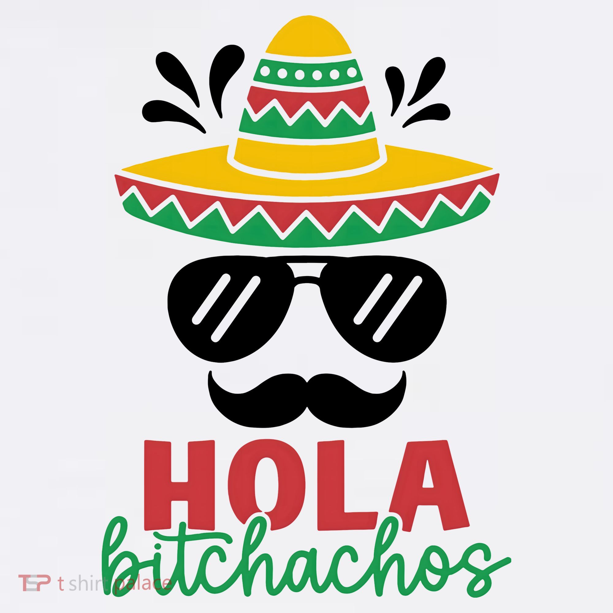 Hola Bitchachos Sombrero Sunglasses And Mustache Cinco De Mayo Mexico Vacation T-Shirt