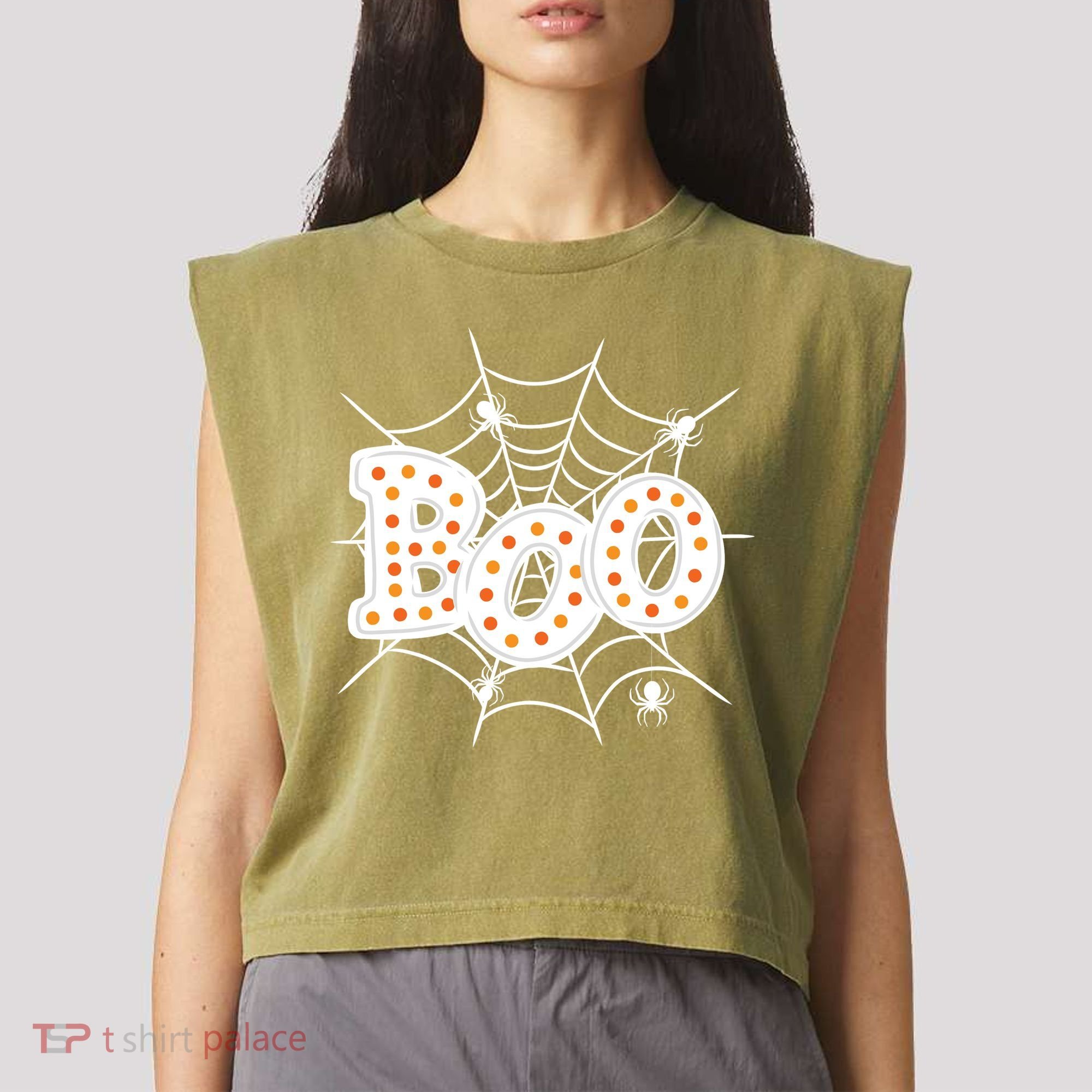 Halloween Boo Spider Web Spooky Season Garment-Dyed Women's Muscle Tee