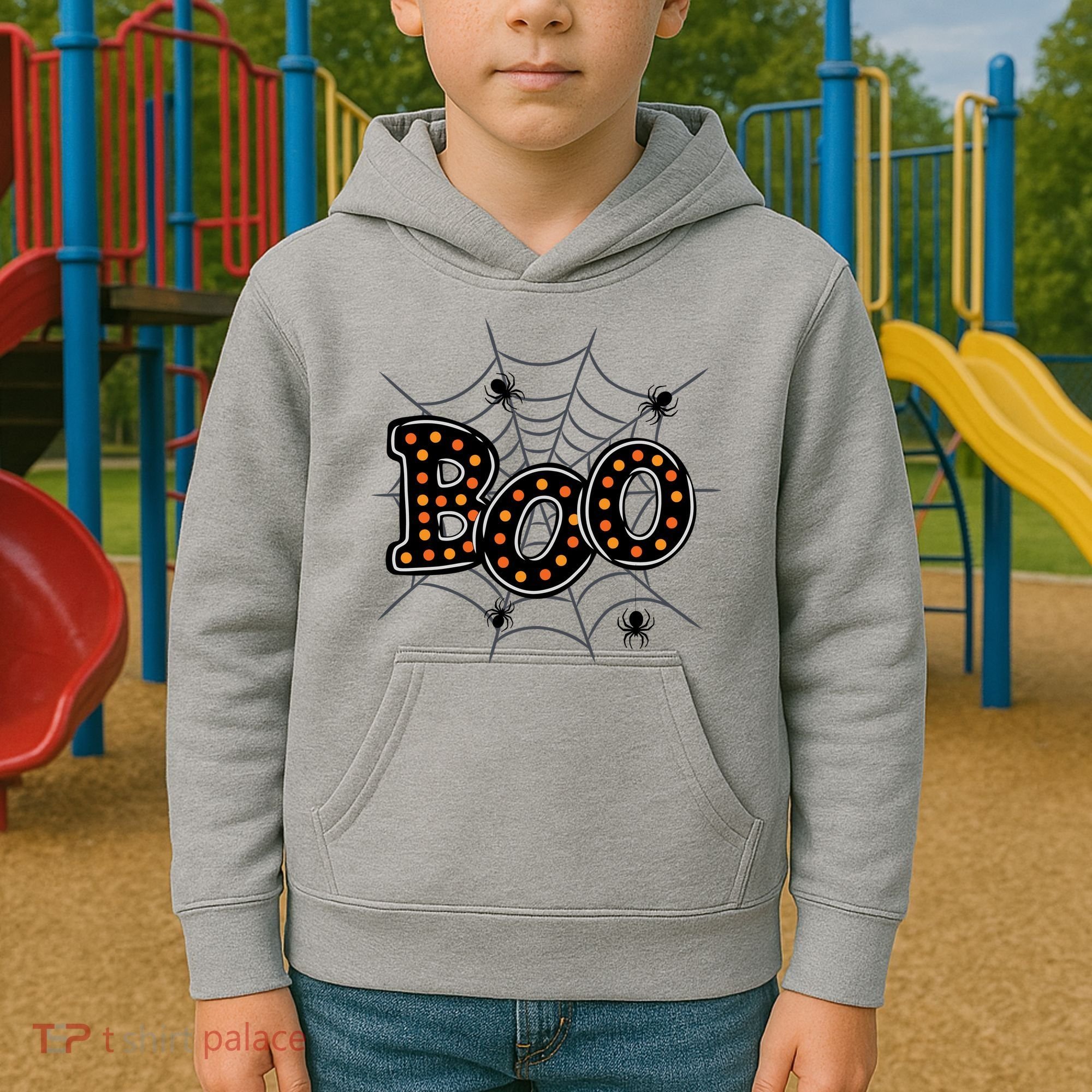 Halloween Boo Spider Web Spooky Season Kids Hoodie