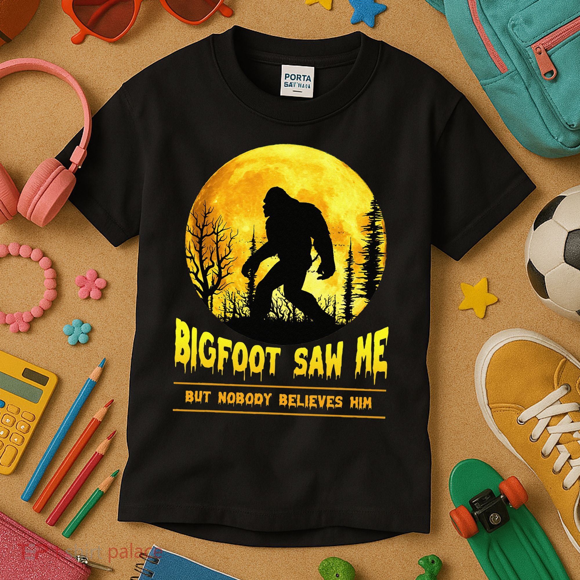 Halloween Bigfoot Saw Me Nobody Believes Him Funny Kids T-Shirt