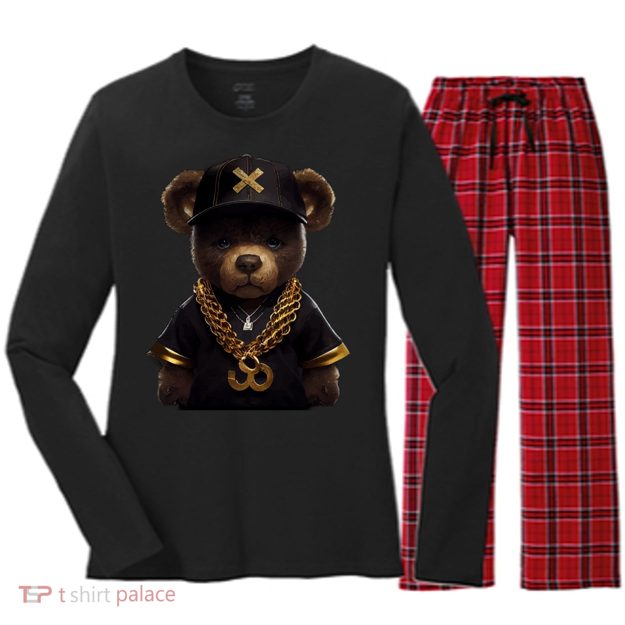 Hipster Bear Thug Women's Long Sleeve Flannel Pajama Set 