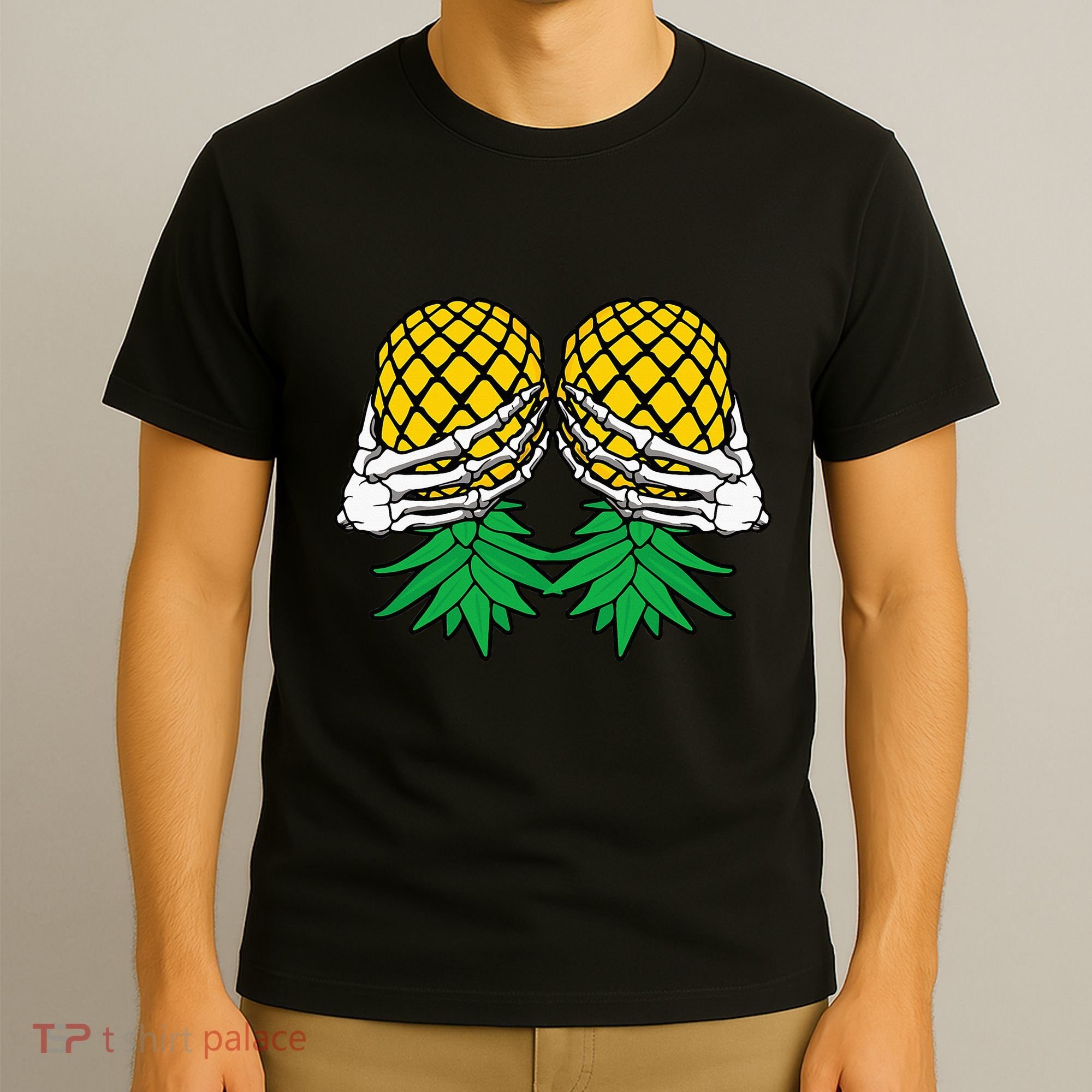 Halloween Boob Upside Down Pineapple Swinger Skeleton Hand T-Shirt