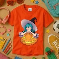 Halloween Cute Anime Witch Pumpkin Kids T-Shirt thumb 3