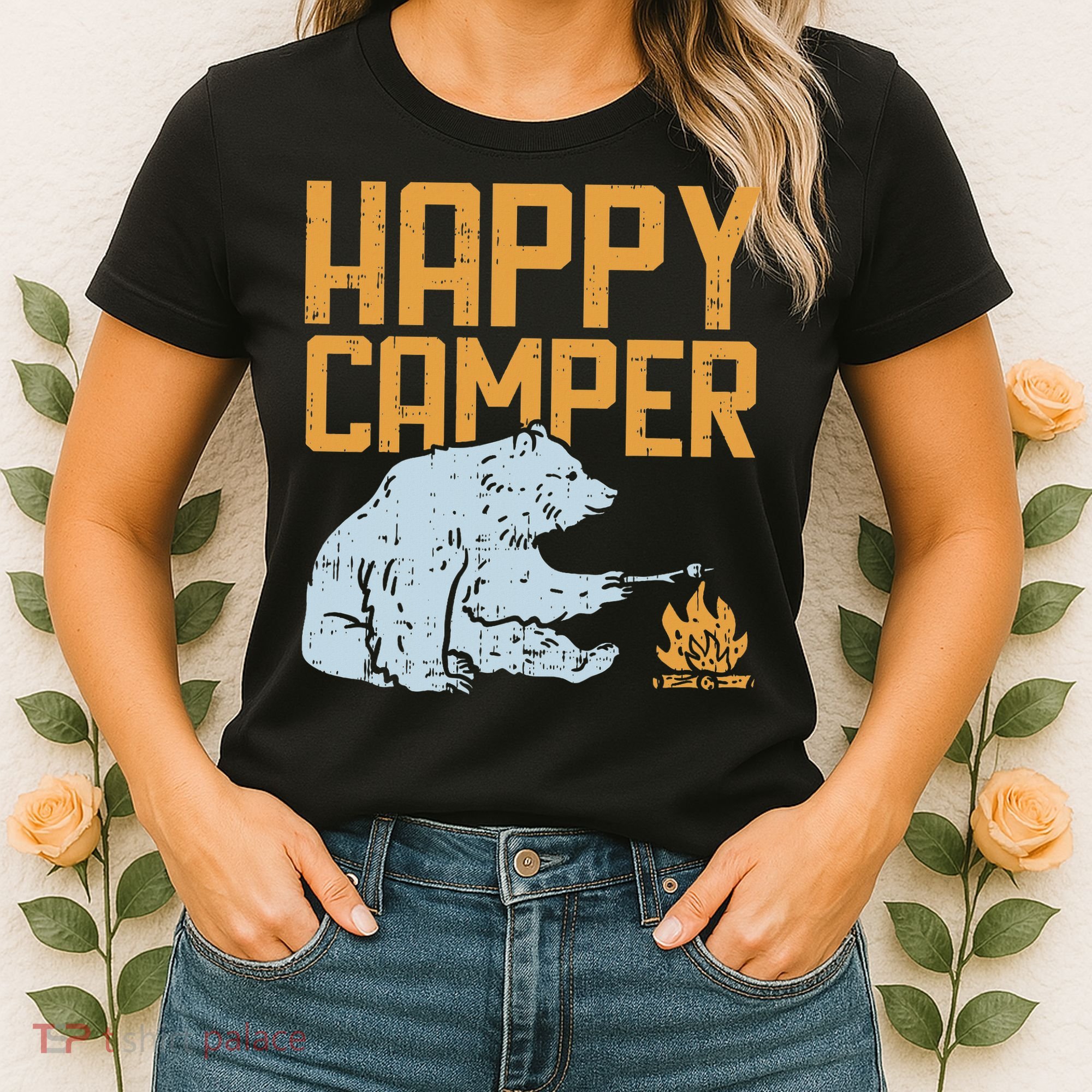 Happy Camper Bear Vacation Hiking Camp Campfire Camping Gift Women's T-Shirt