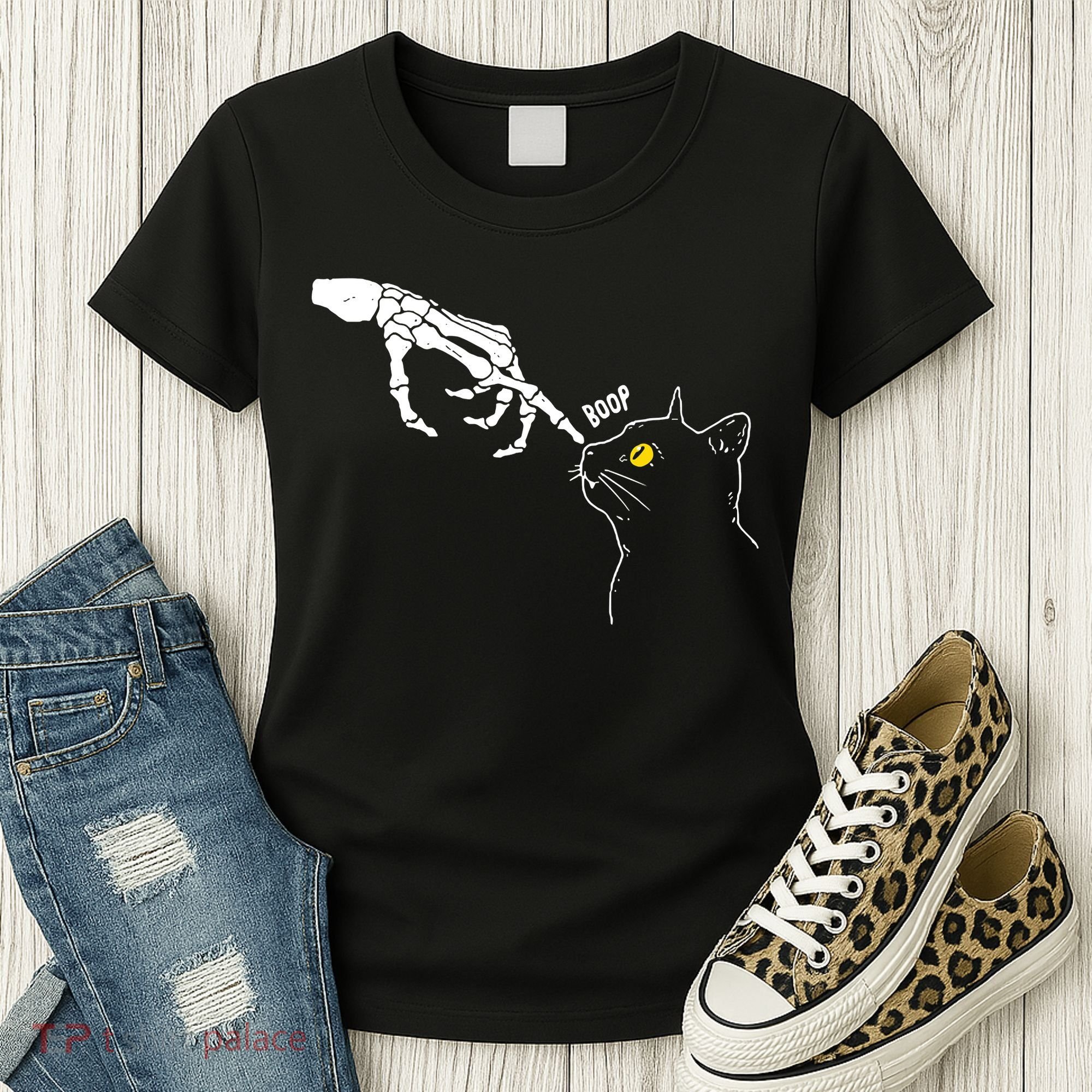 Halloween Cat Black Lover Skeleton Hand Boop Women's T-Shirt