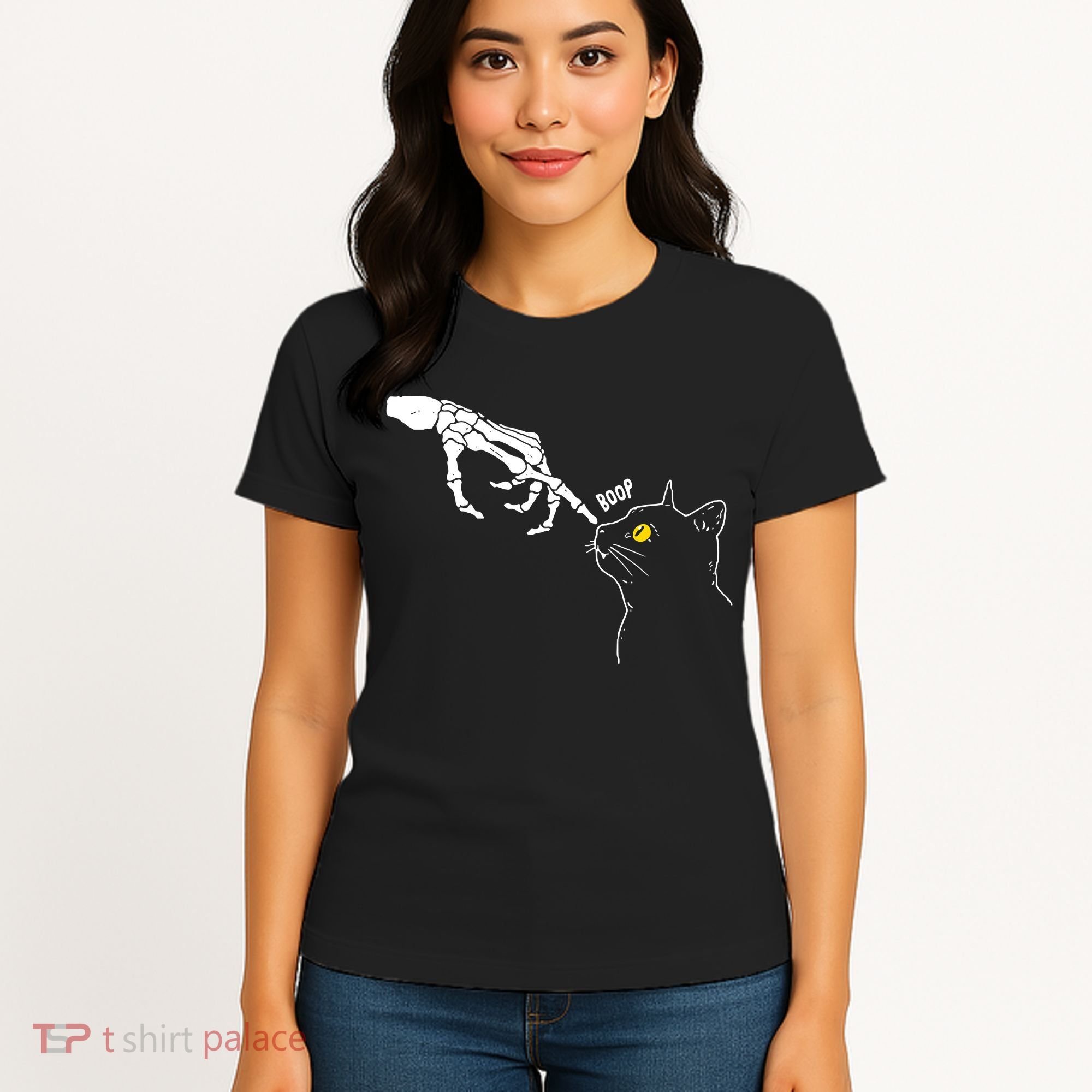 Halloween Cat Black Lover Skeleton Hand Boop Women's T-Shirt