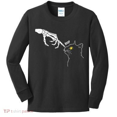 Halloween Cat Black Lover Skeleton Hand Boop Kids Long Sleeve Shirt