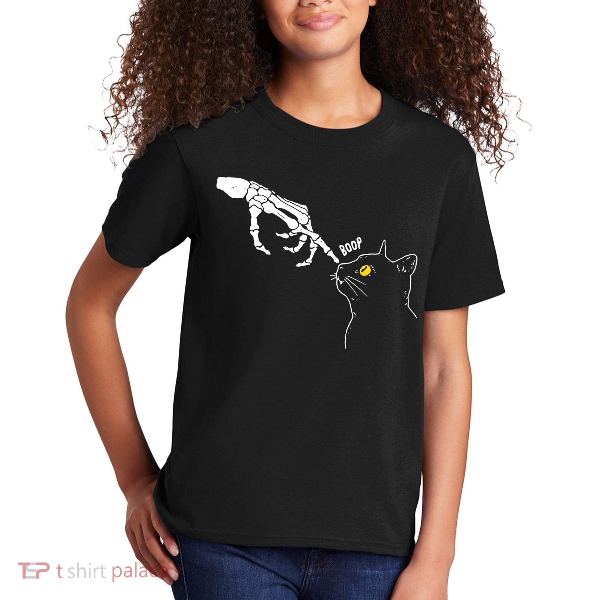 Halloween Cat Black Lover Skeleton Hand Boop Kids T-Shirt