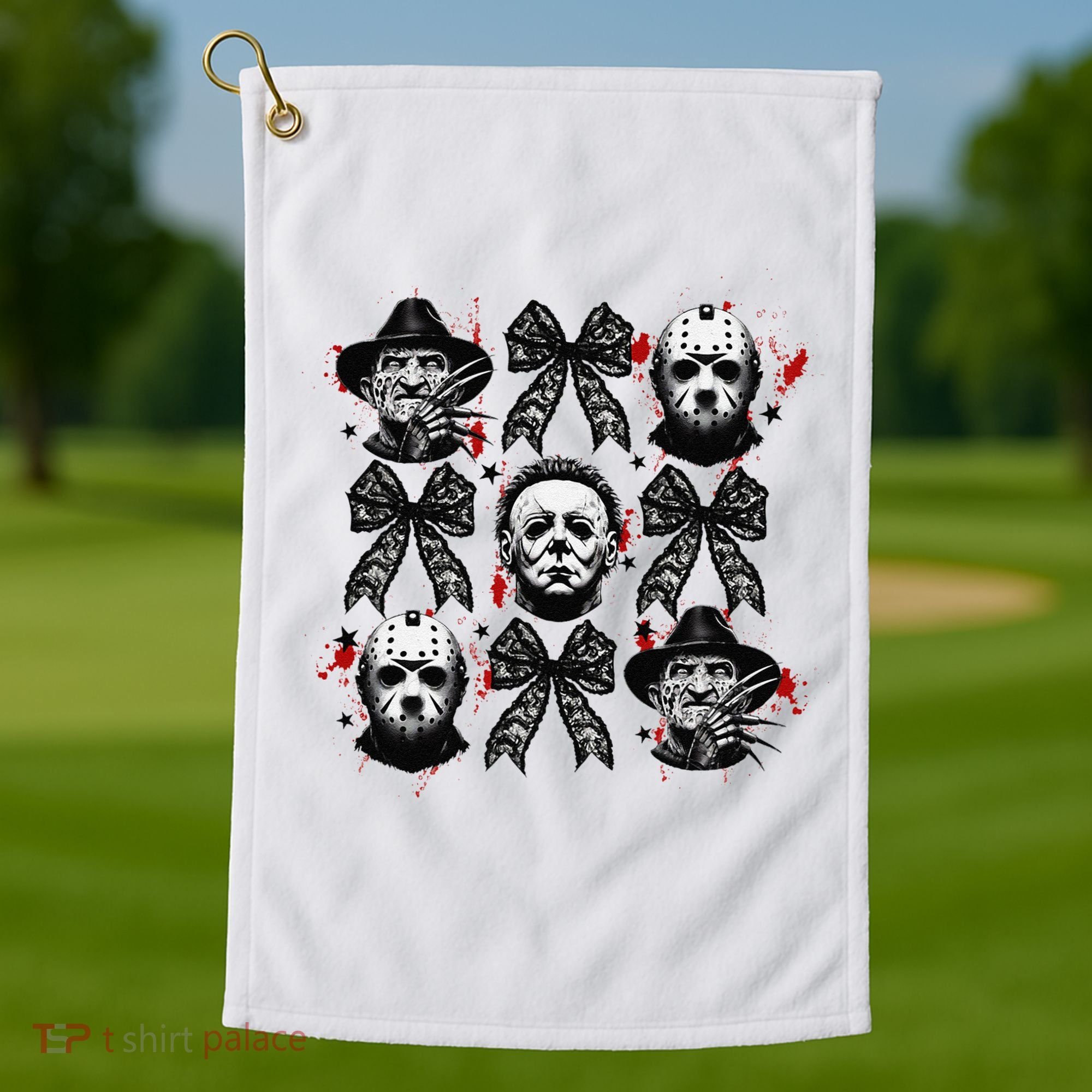 Halloween Coquette Bow Horror Characters Bow Spooky Season Golf Towel