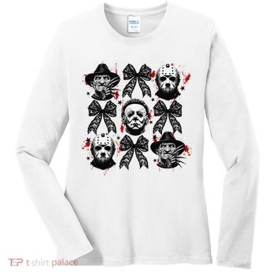 Halloween Coquette Bow Horror Characters Bow Spooky Season Women's Long Sleeve Shirt