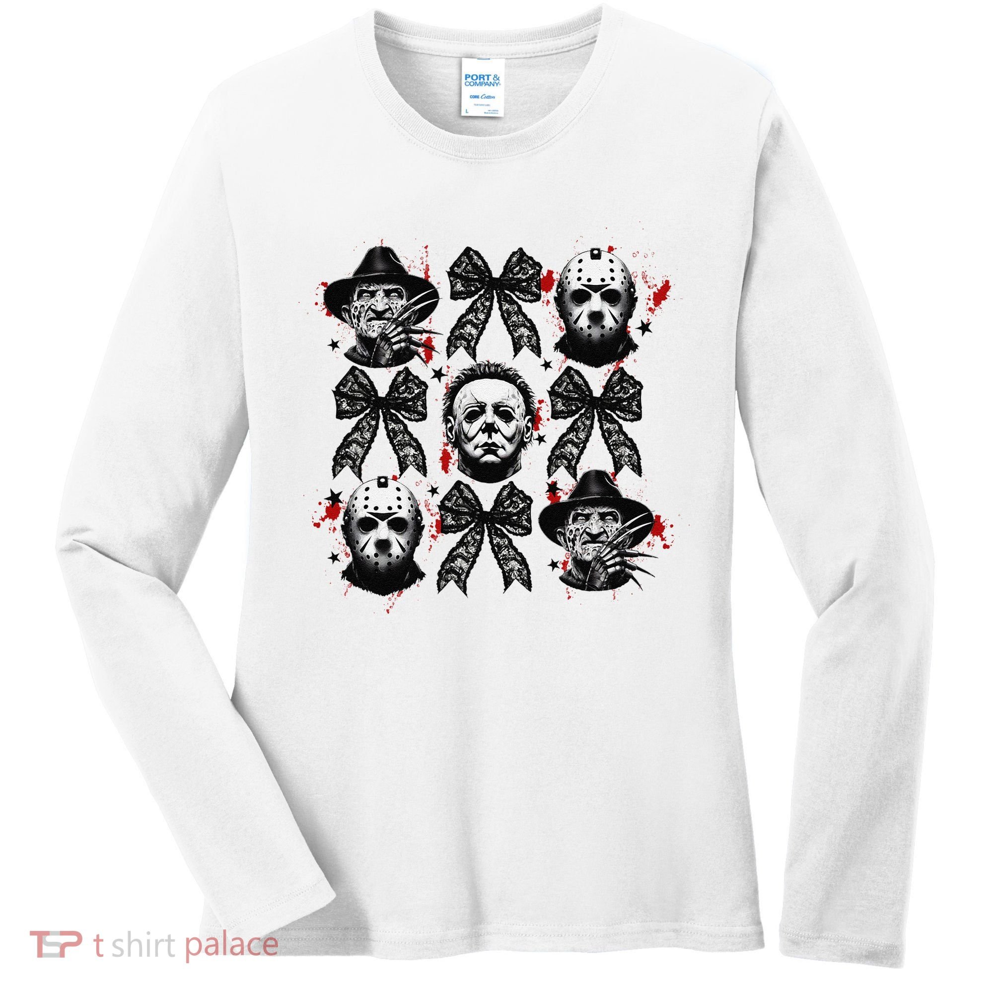Halloween Coquette Bow Horror Characters Bow Spooky Season Women's Long Sleeve Shirt