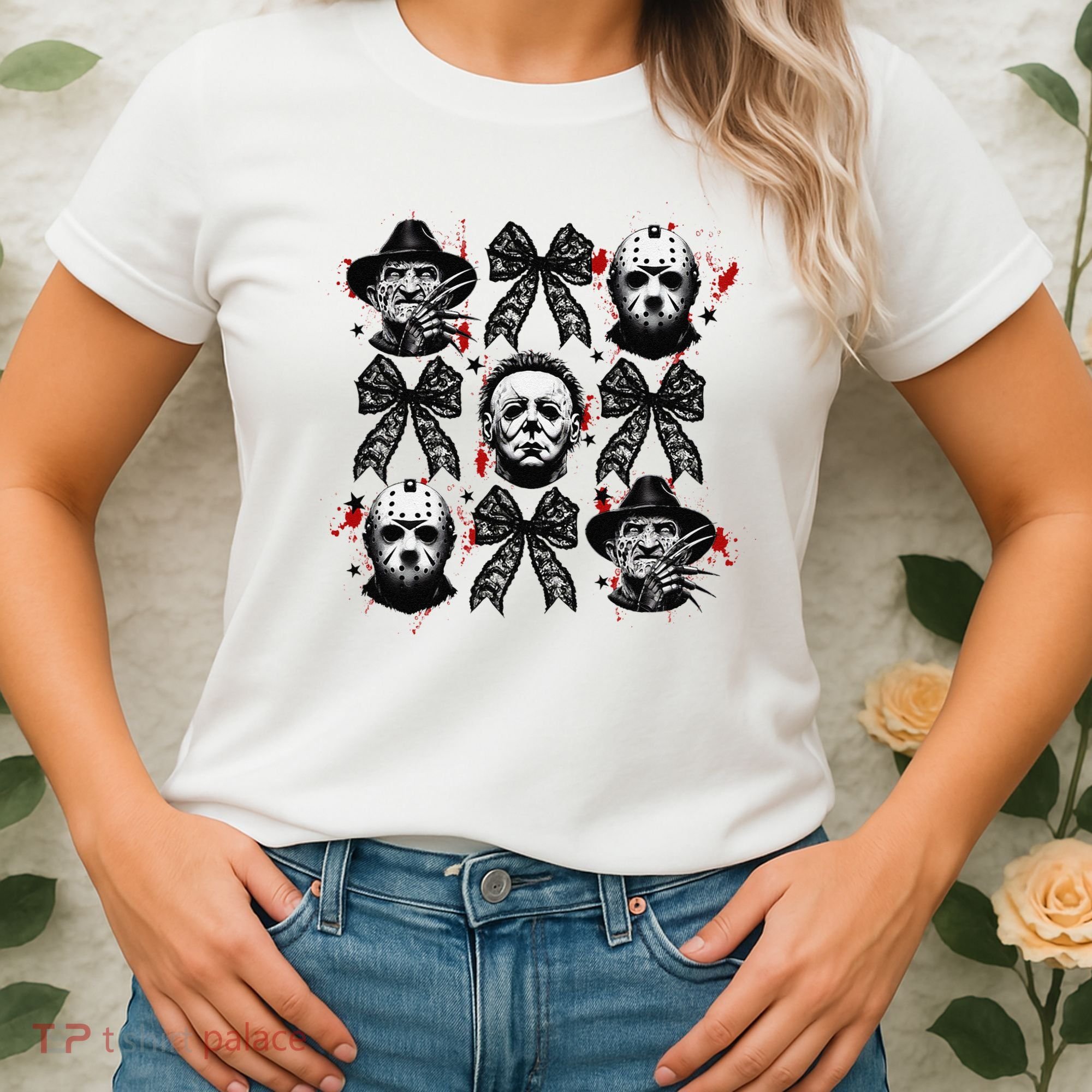 Halloween Coquette Bow Horror Characters Bow Spooky Season Women's T-Shirt