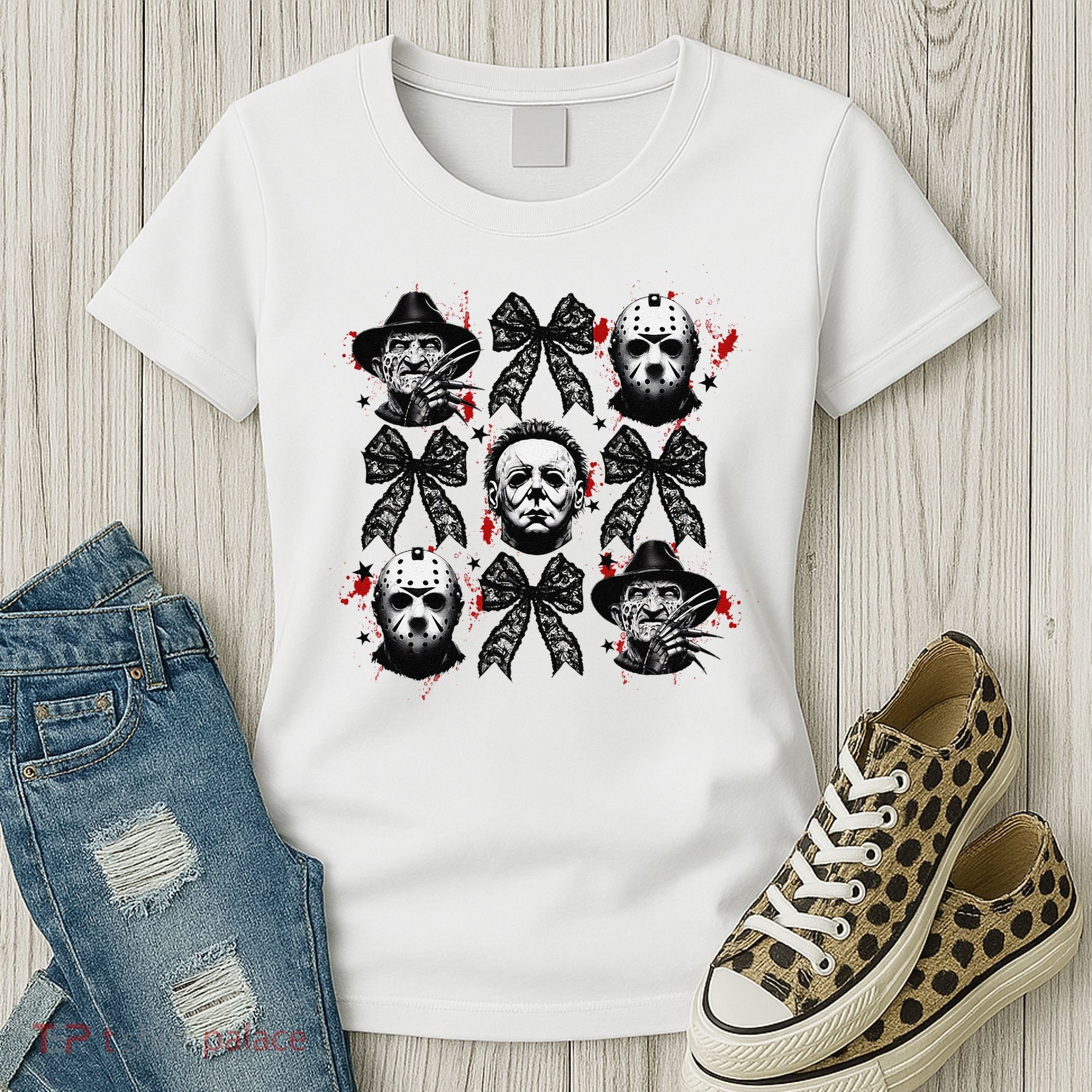 Halloween Coquette Bow Horror Characters Bow Spooky Season Women's T-Shirt