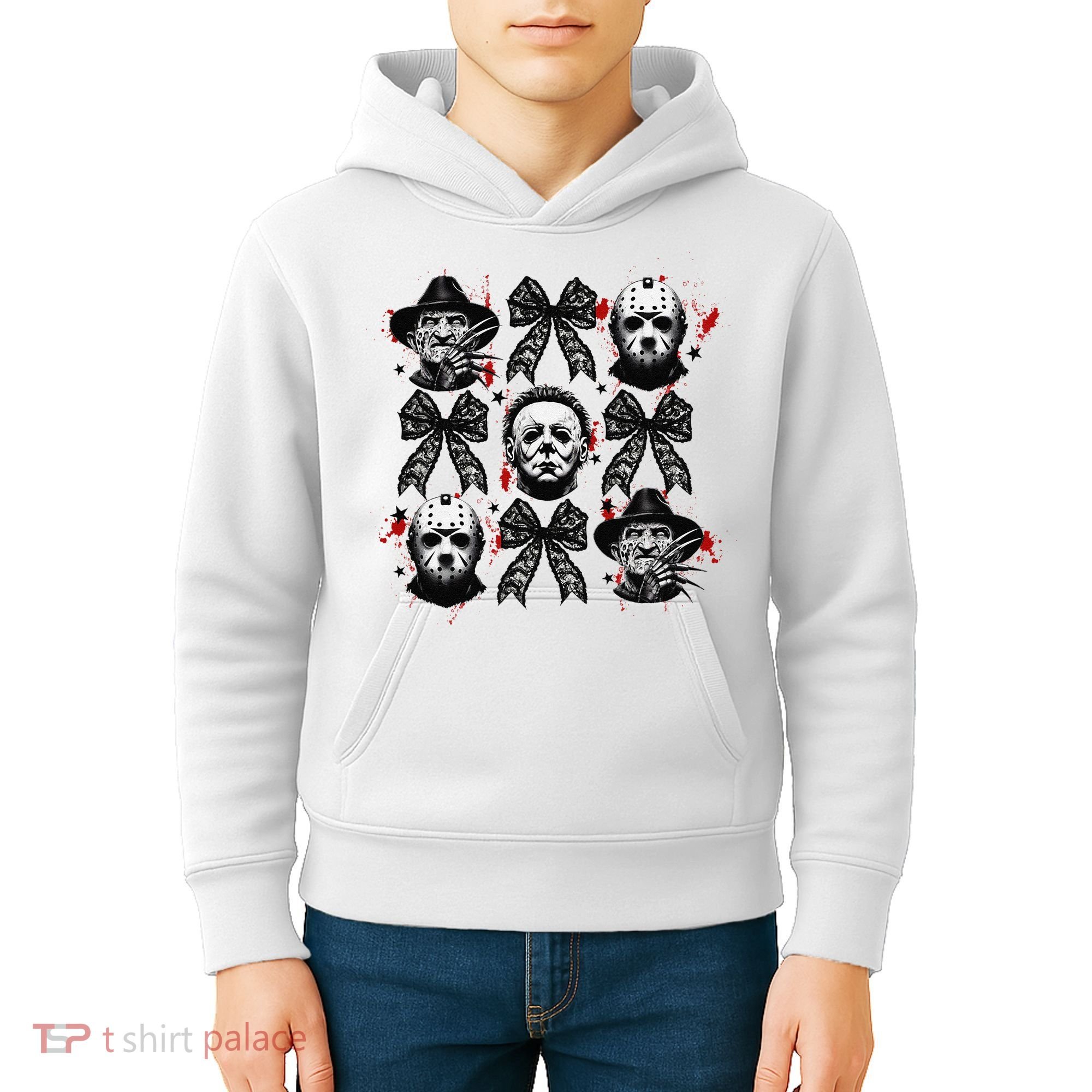Halloween Coquette Bow Horror Characters Bow Spooky Season Kids Hoodie