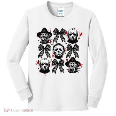 Halloween Coquette Bow Horror Characters Bow Spooky Season Kids Long Sleeve Shirt