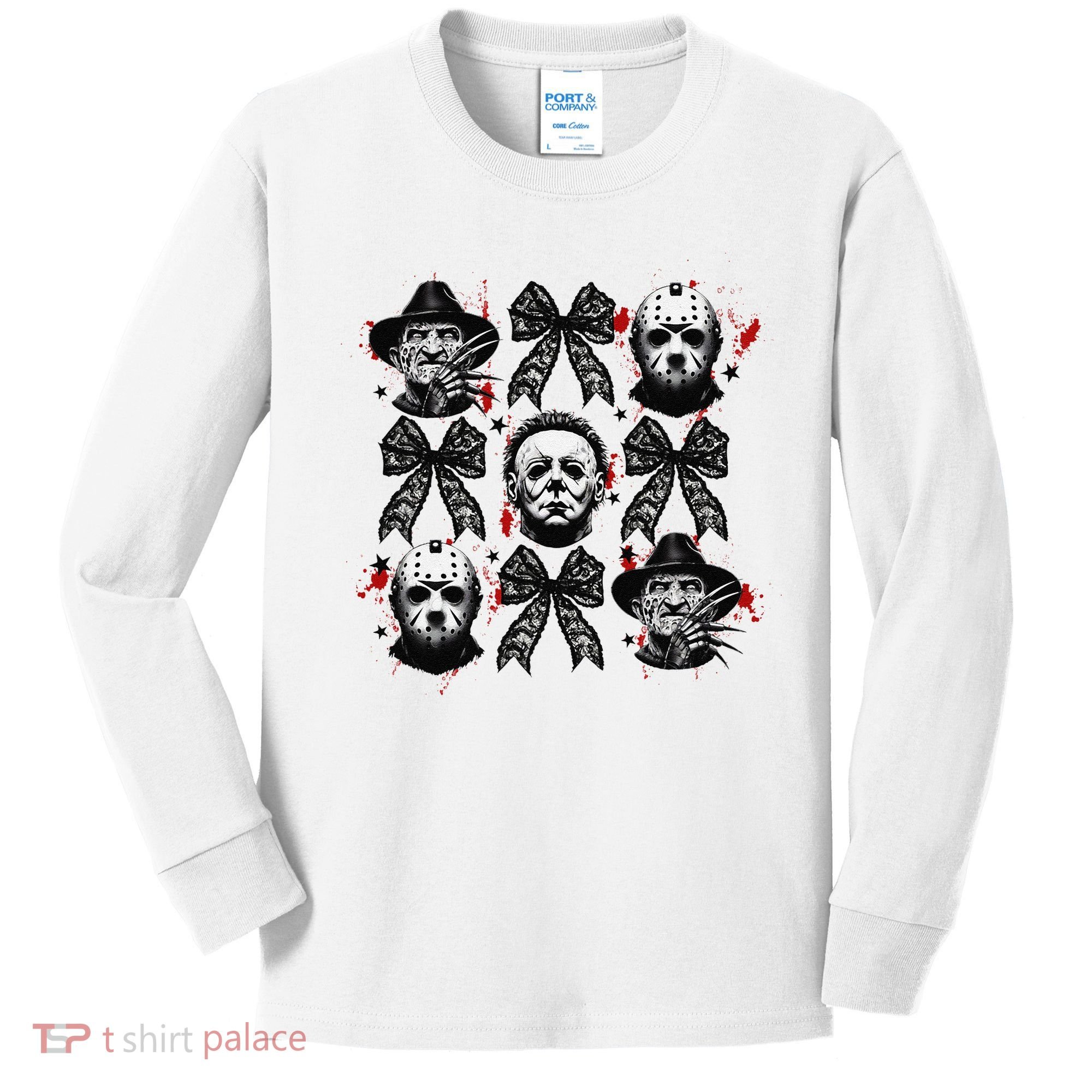 Halloween Coquette Bow Horror Characters Bow Spooky Season Kids Long Sleeve Shirt