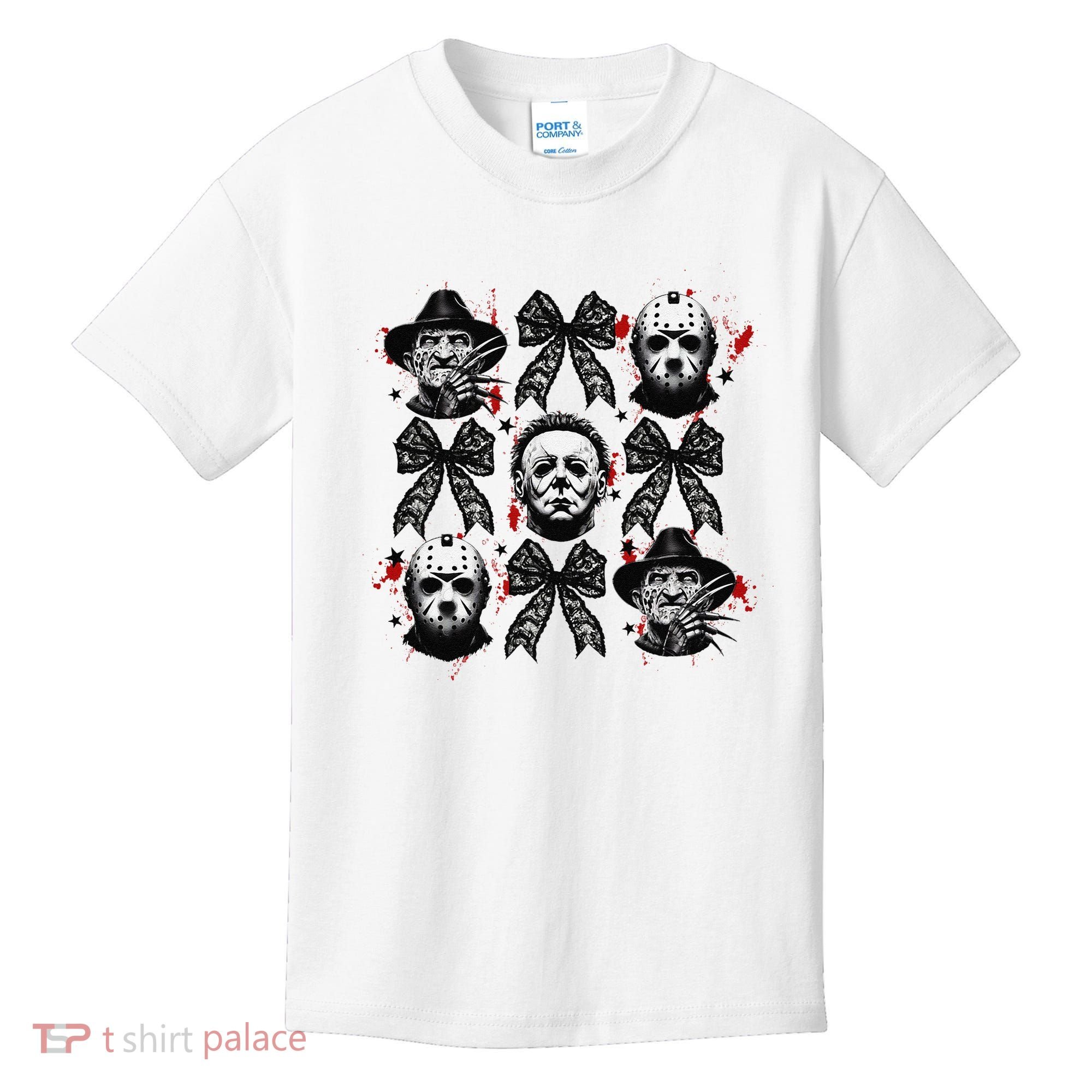 Halloween Coquette Bow Horror Characters Bow Spooky Season Kids T-Shirt