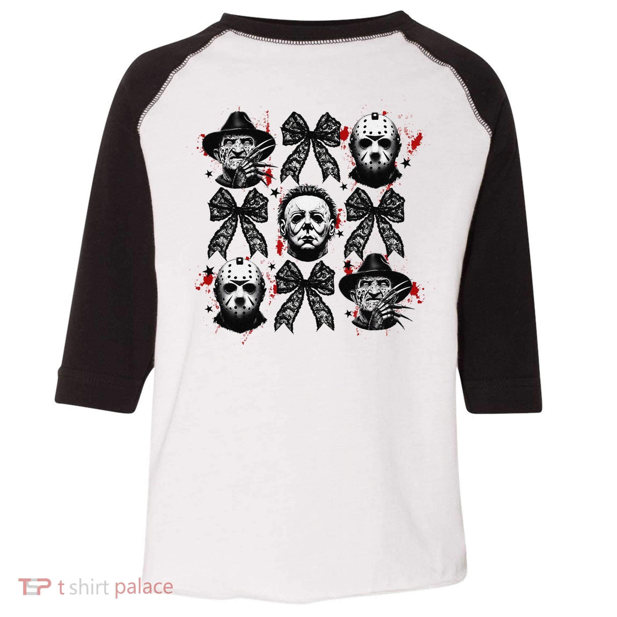Halloween Coquette Bow Horror Characters Bow Spooky Season Toddler Fine Jersey T-Shirt