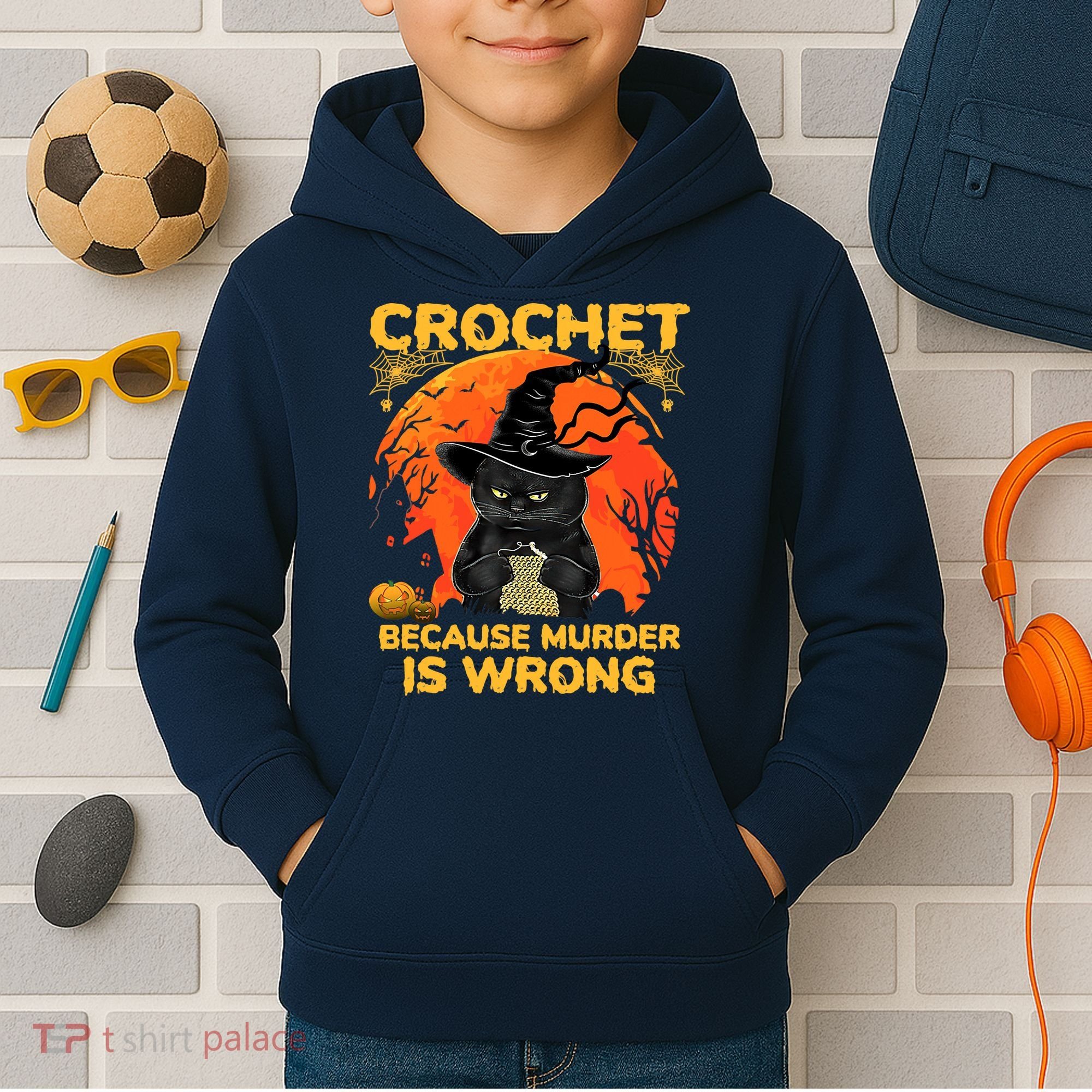 Halloween Crochet Because Murder Is Wrong For Halloween Cat Kids Hoodie
