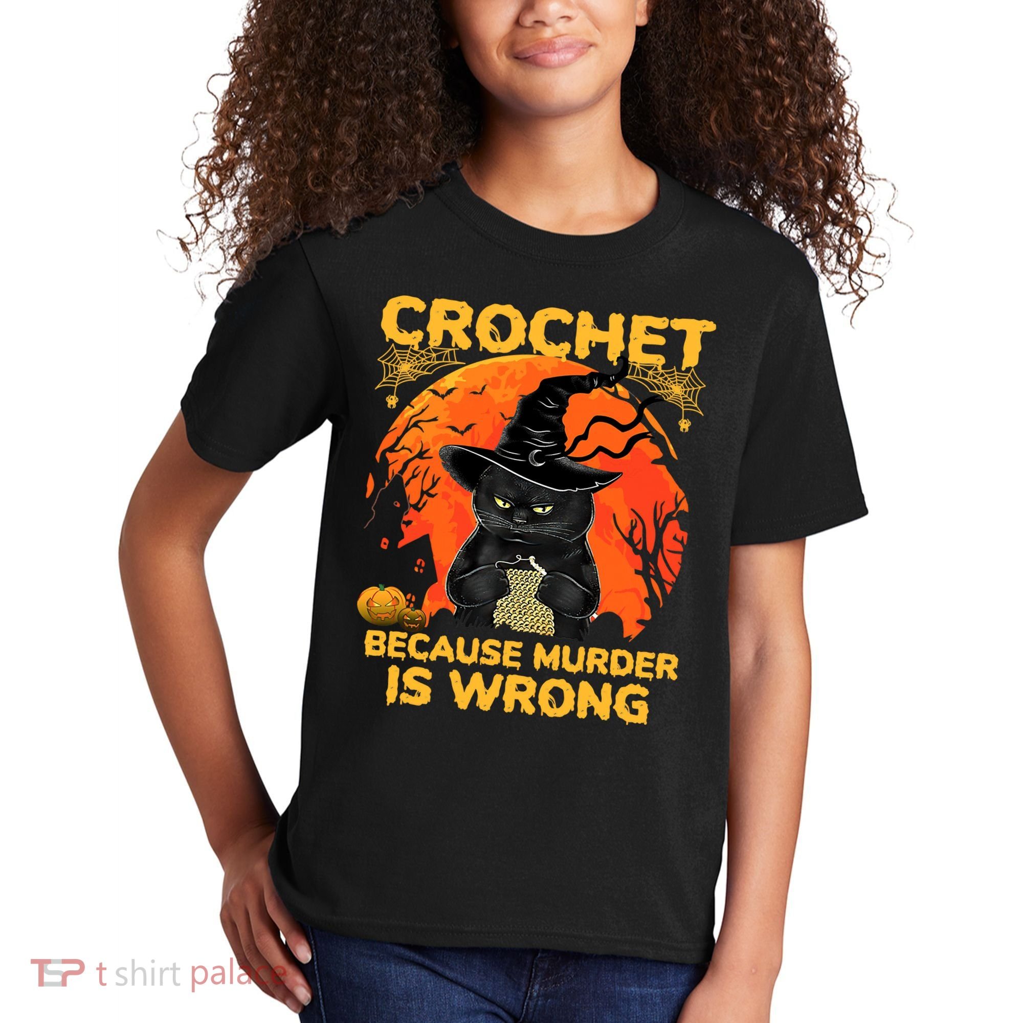 Halloween Crochet Because Murder Is Wrong For Halloween Cat Kids T-Shirt