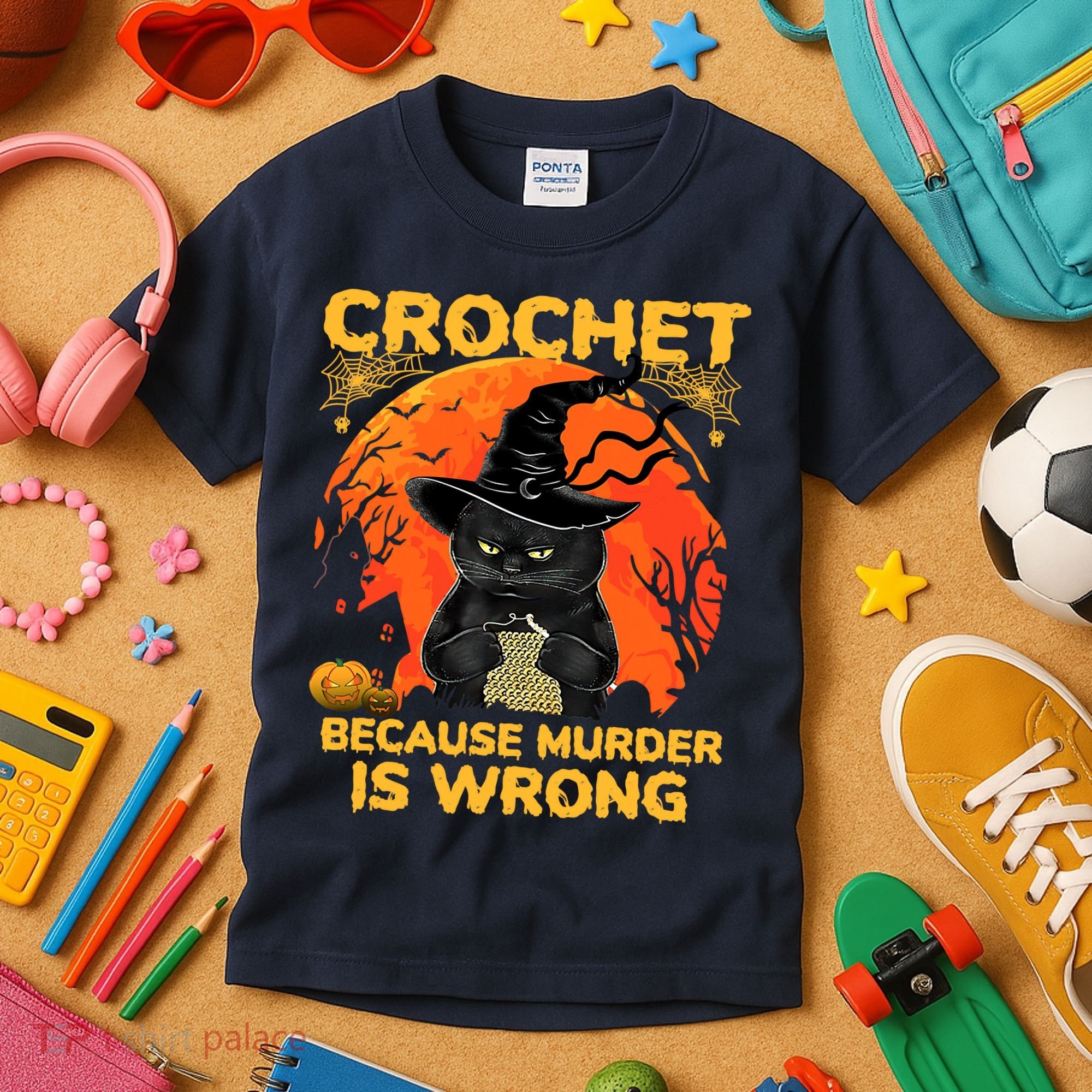 Halloween Crochet Because Murder Is Wrong For Halloween Cat Kids T-Shirt