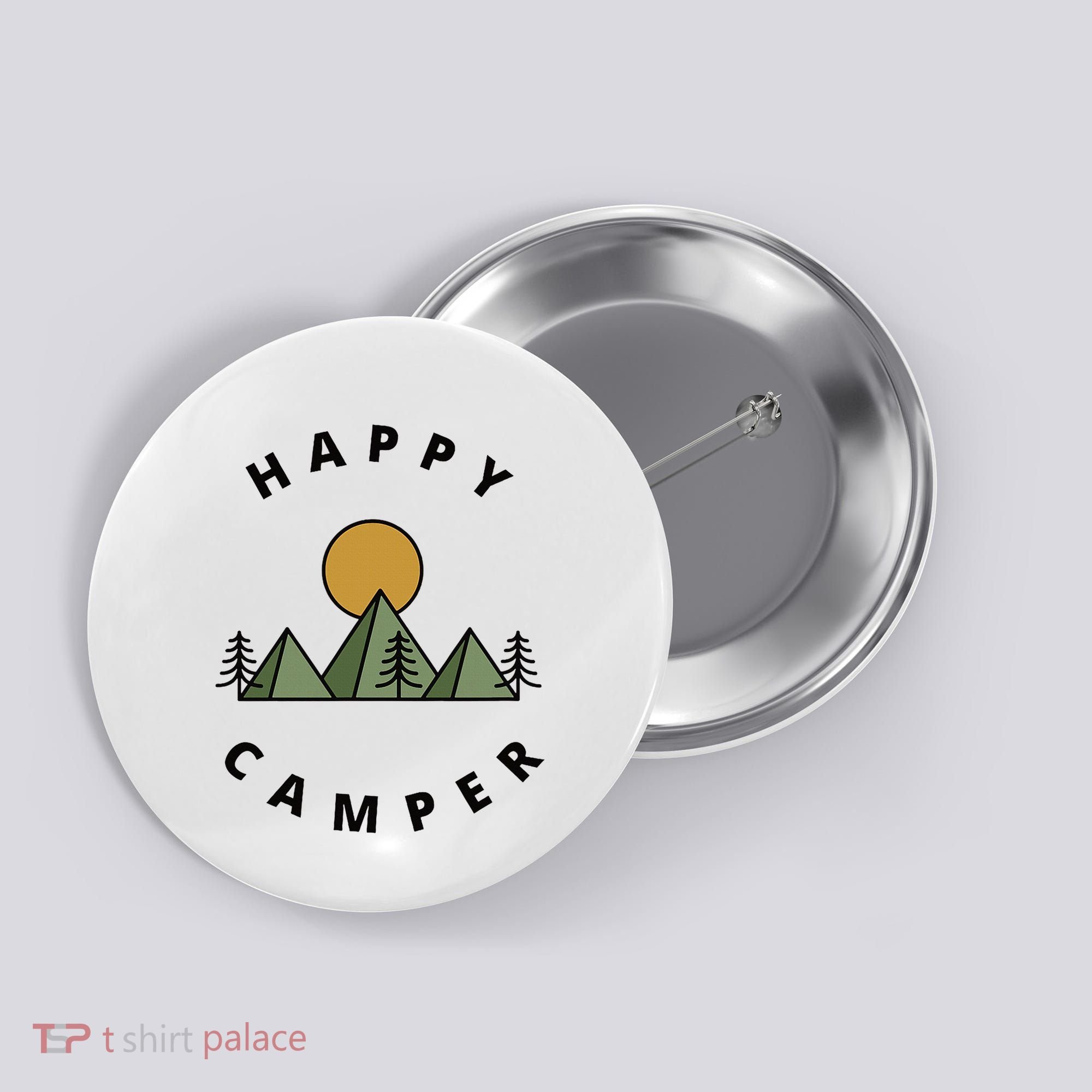 Happy Camper Camping Camp Forest Mountains Minimalist Button