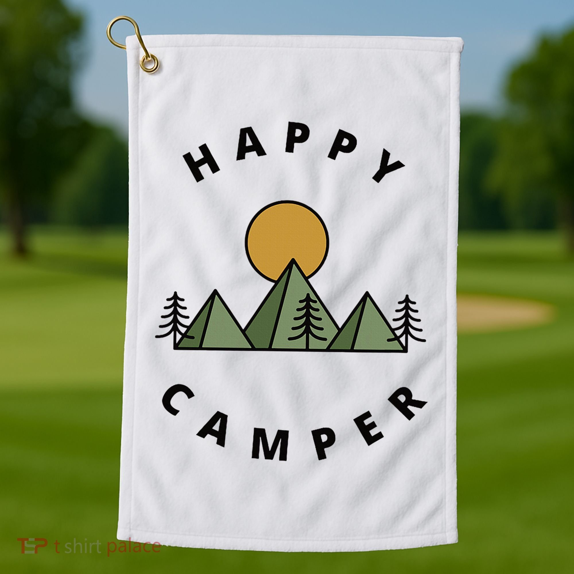 Happy Camper Camping Camp Forest Mountains Minimalist Golf Towel