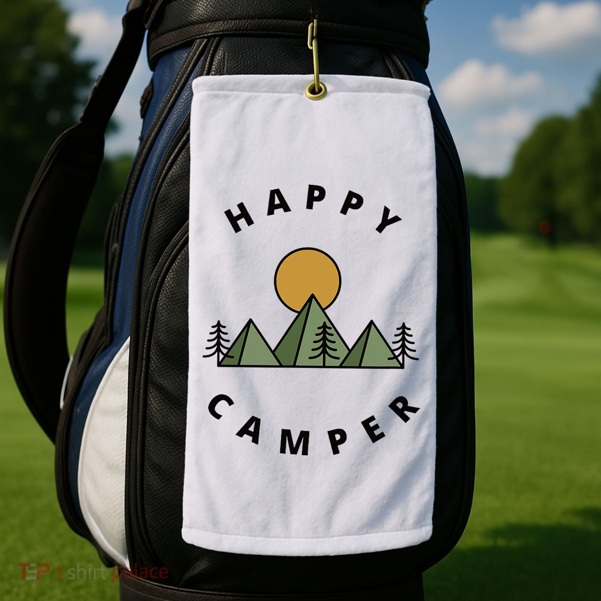 Happy Camper Camping Camp Forest Mountains Minimalist Golf Towel