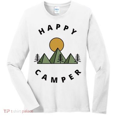 Happy Camper Camping Camp Forest Mountains Minimalist Women's Long Sleeve Shirt