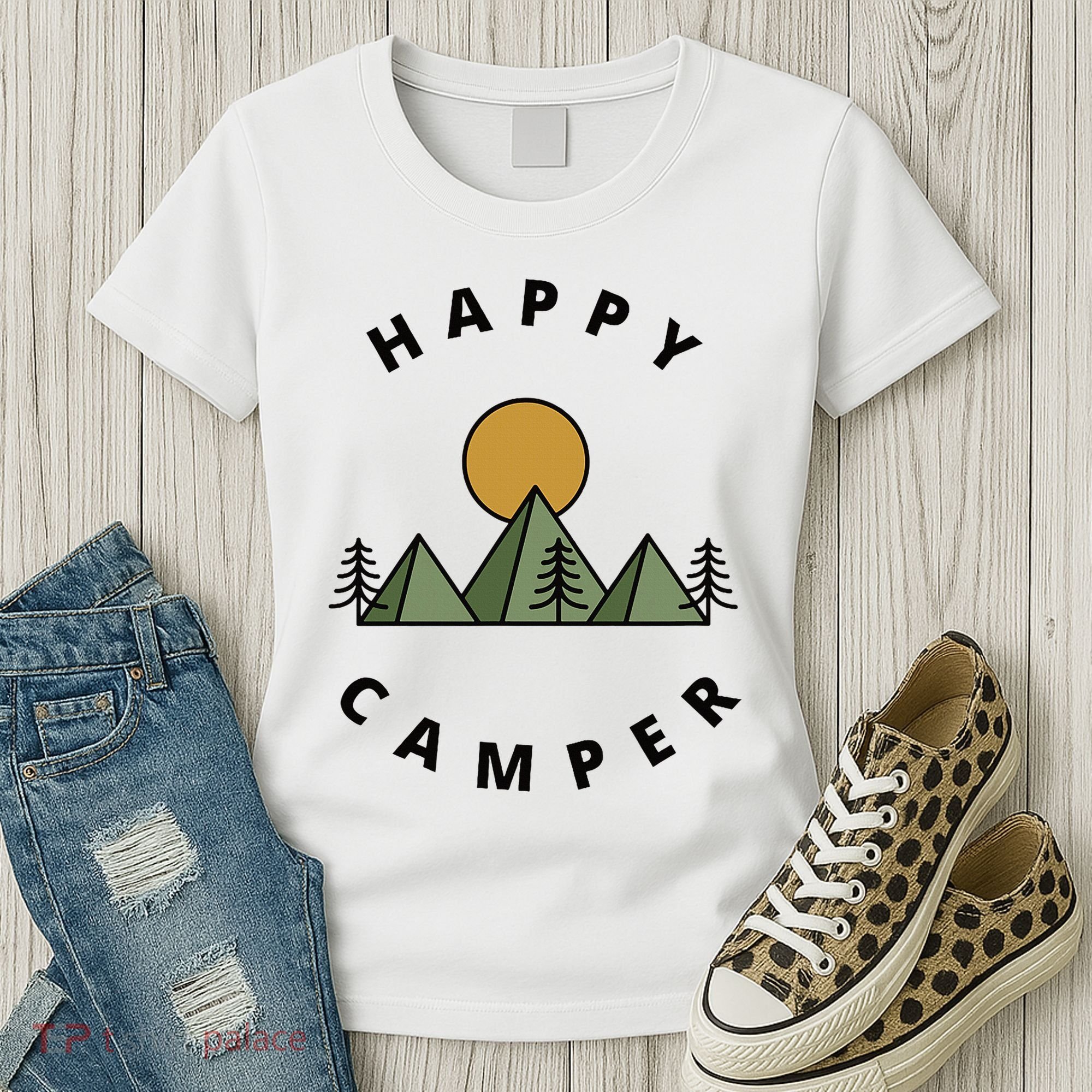 Happy Camper Camping Camp Forest Mountains Minimalist Women's T-Shirt