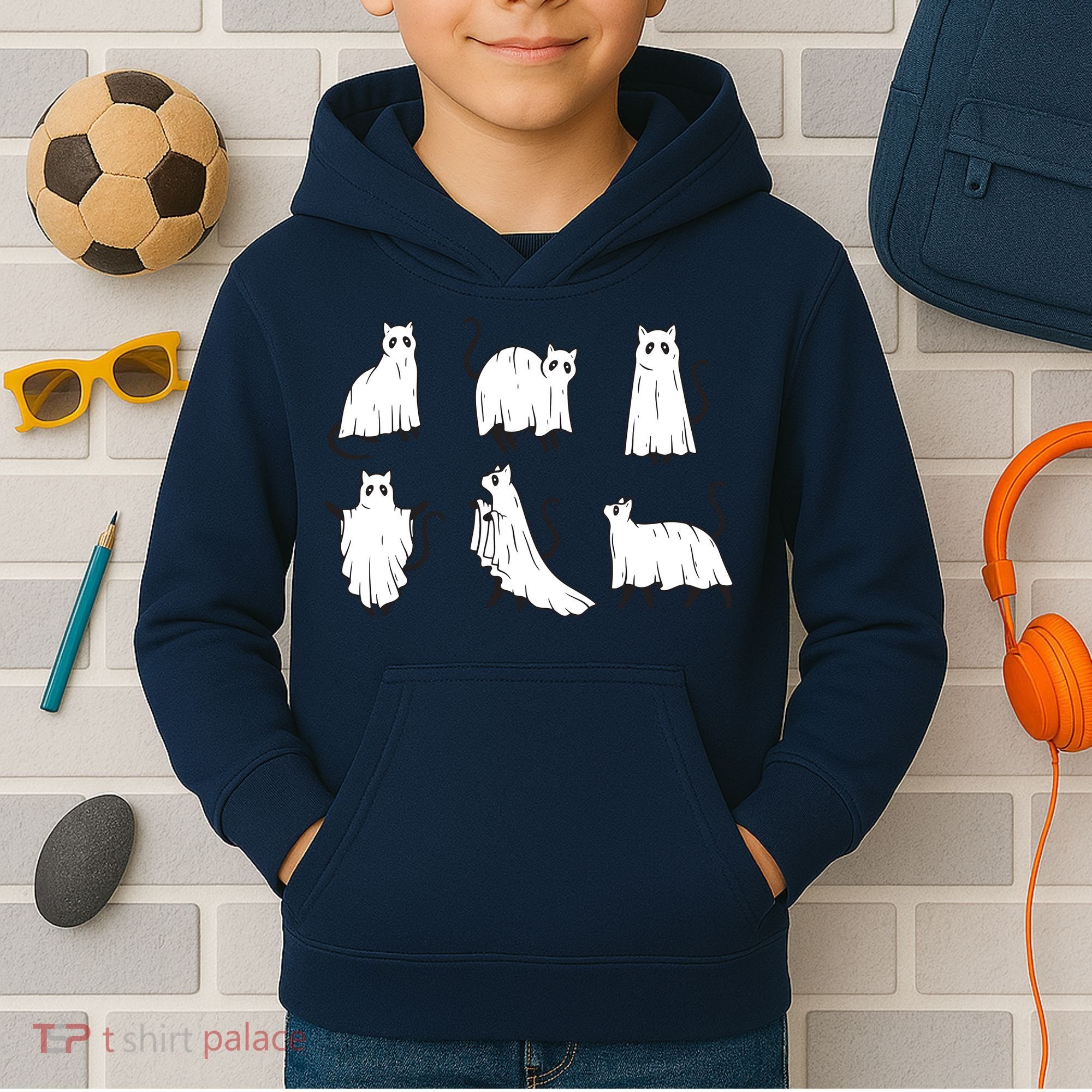 Halloween Cute Cat Boo Halloween Cat Ghost Kids Hoodie