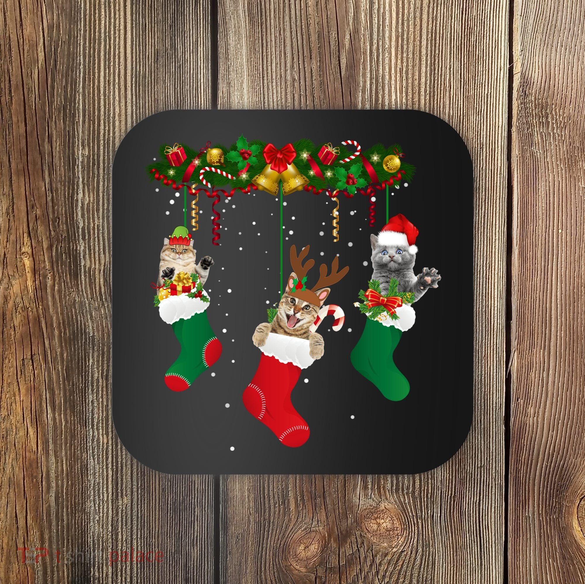 Hanging Cats Christmas Stockings Coaster
