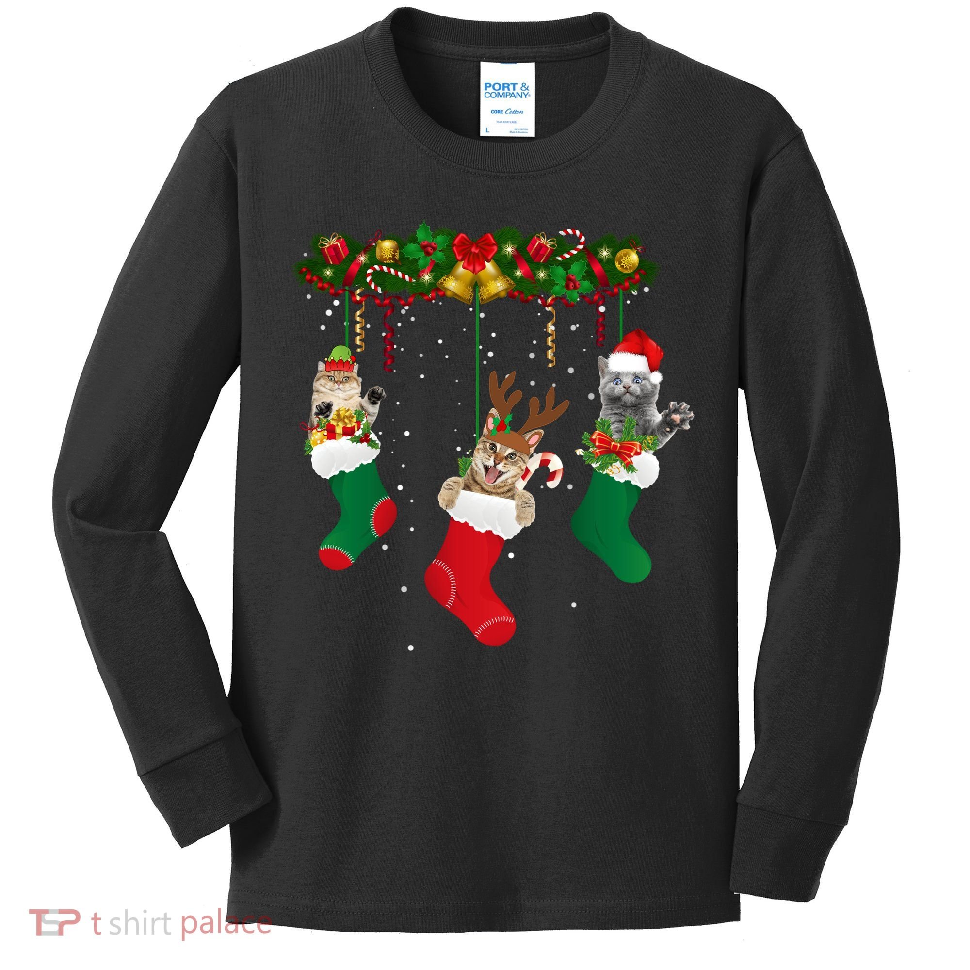 Hanging Cats Christmas Stockings Kids Long Sleeve Shirt